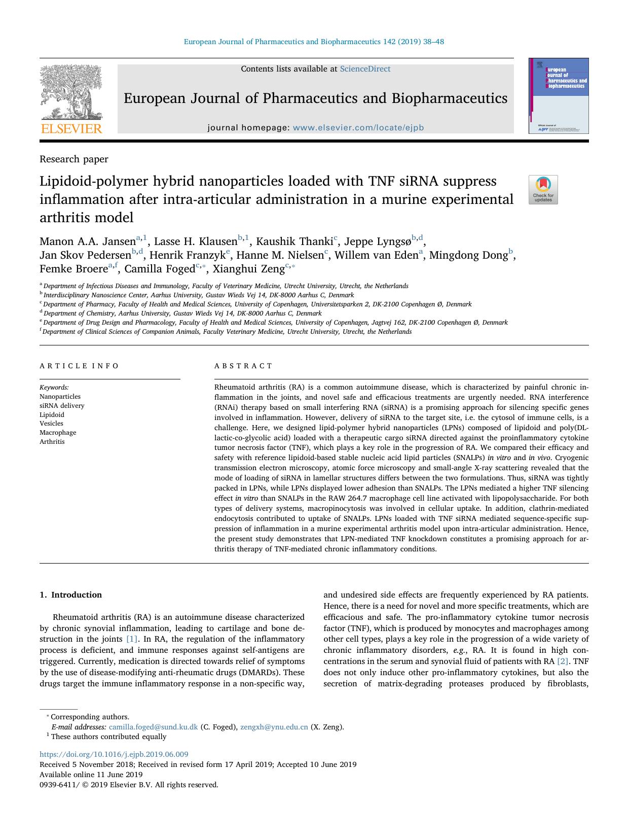 Lipidoid-polymer hybrid nanoparticles loaded with TNF siRNA suppress inflammation after intra-articular administration in a murine experimental arthritis model by unknow
