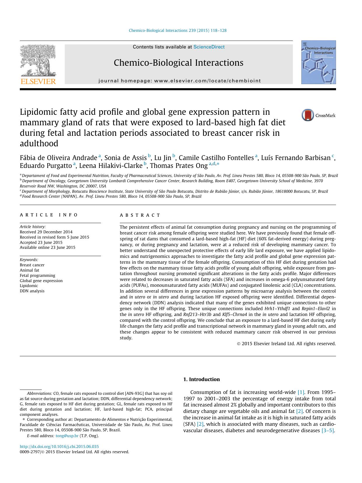 Lipidomic fatty acid profile and global gene expression pattern in mammary gland of rats that were exposed to lard-based high fat diet during fetal and lactation periods associated by unknow