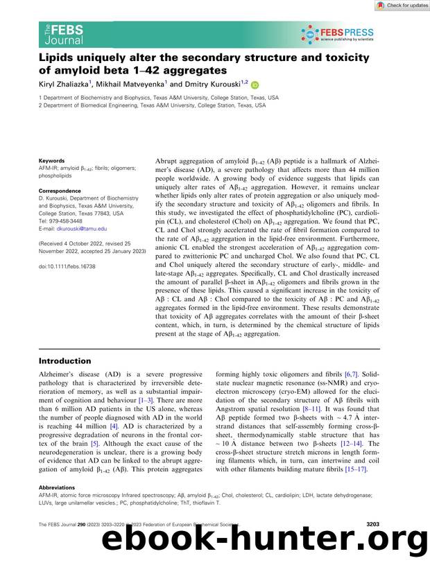 Lipids uniquely alter the secondary structure and toxicity of amyloid beta 1â42 aggregates by Unknown