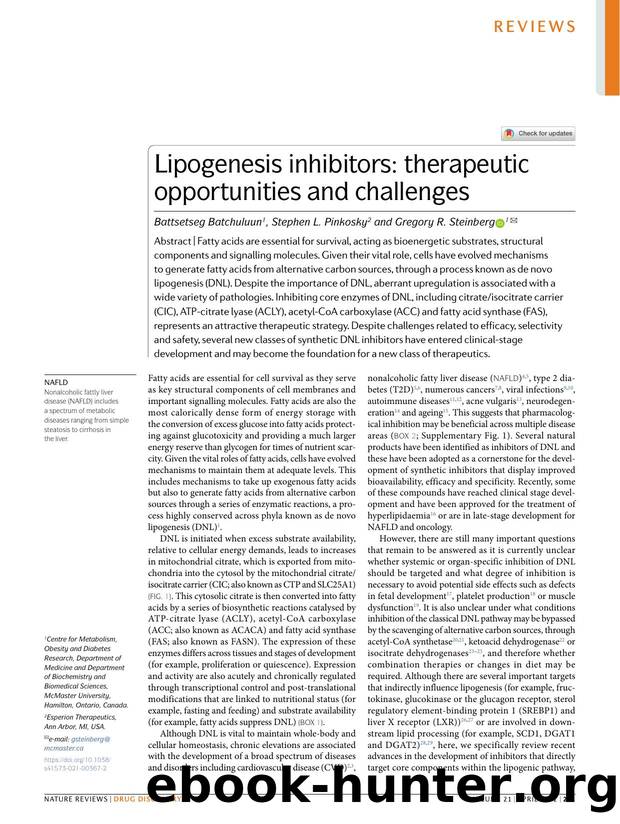 Lipogenesis inhibitors: therapeutic opportunities and challenges by Battsetseg Batchuluun & Stephen L. Pinkosky & Gregory R. Steinberg