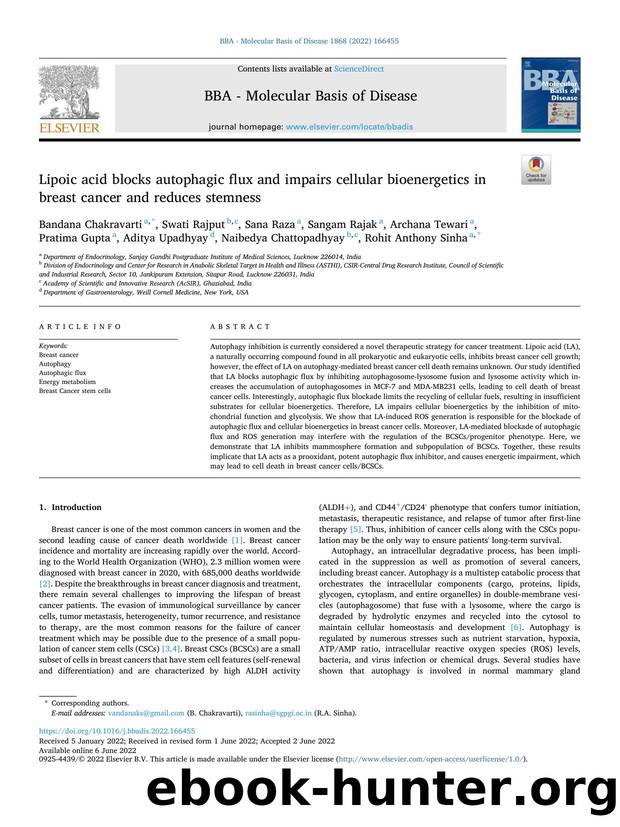 Lipoic acid blocks autophagic flux and impairs cellular bioenergetics in breast cancer and reduces stemness by unknow