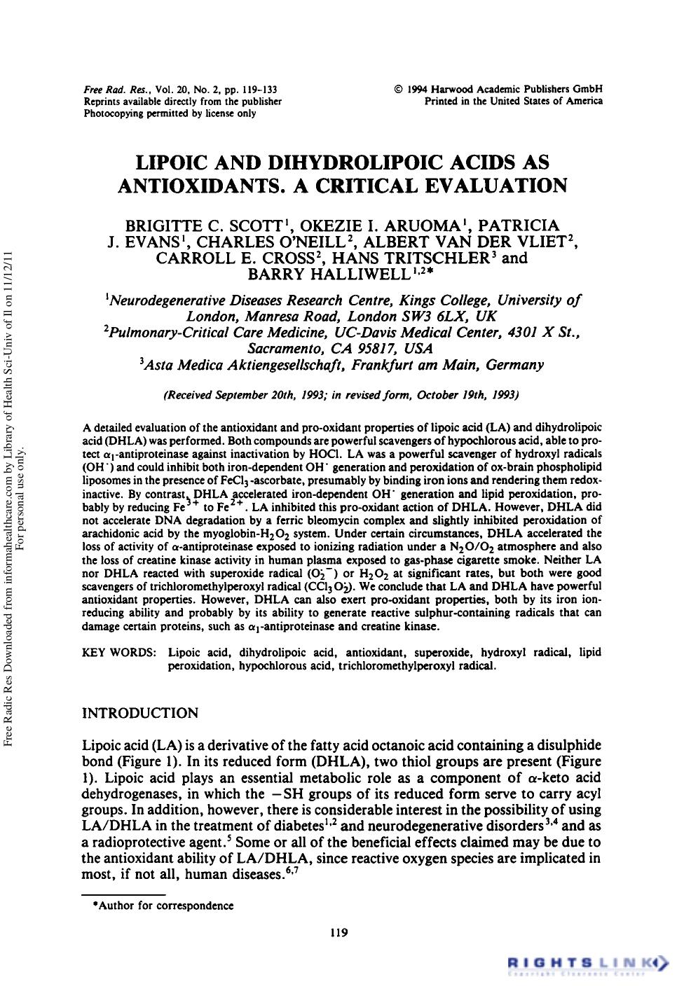Lipoic and Dihydrolipoic Acids as Antioxidants. a Critical Evaluation by unknow