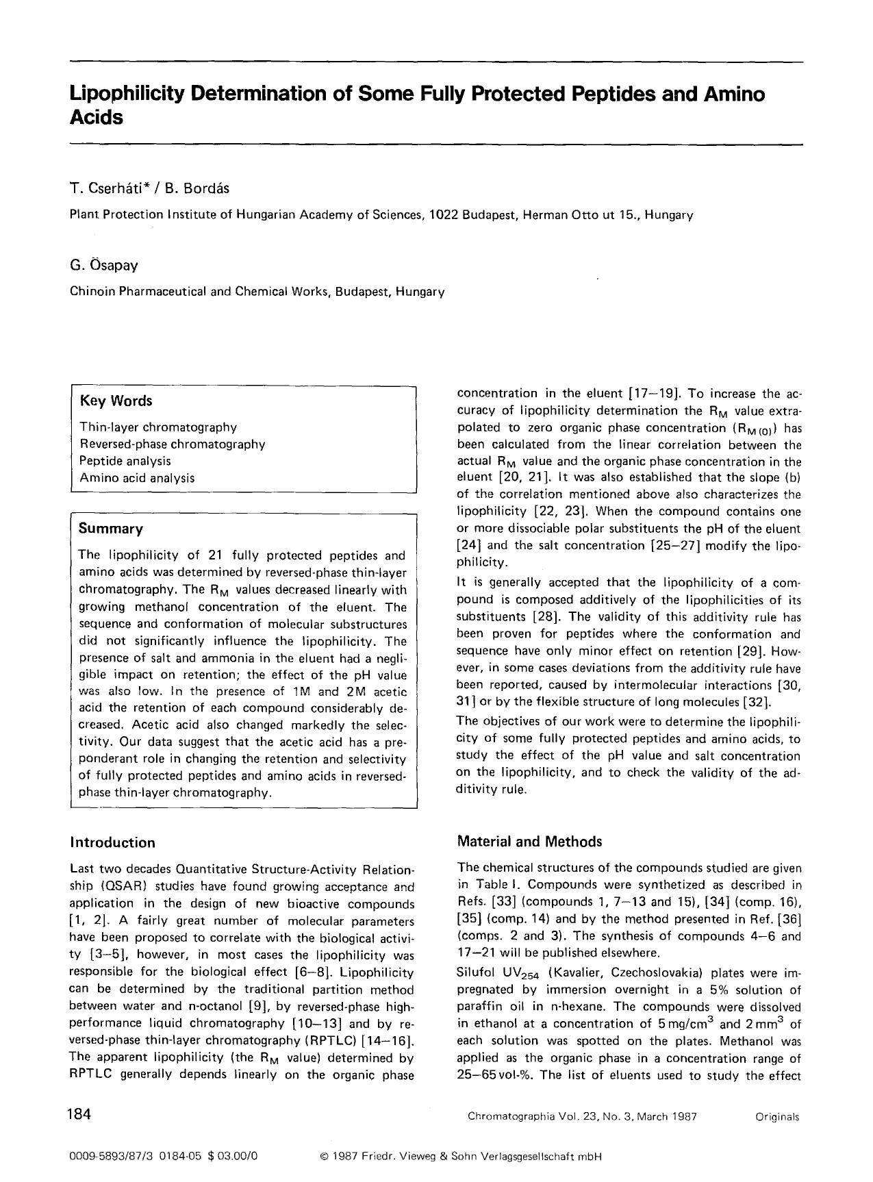 Lipophilicity determination of some fully protected peptides and amino acids by Unknown