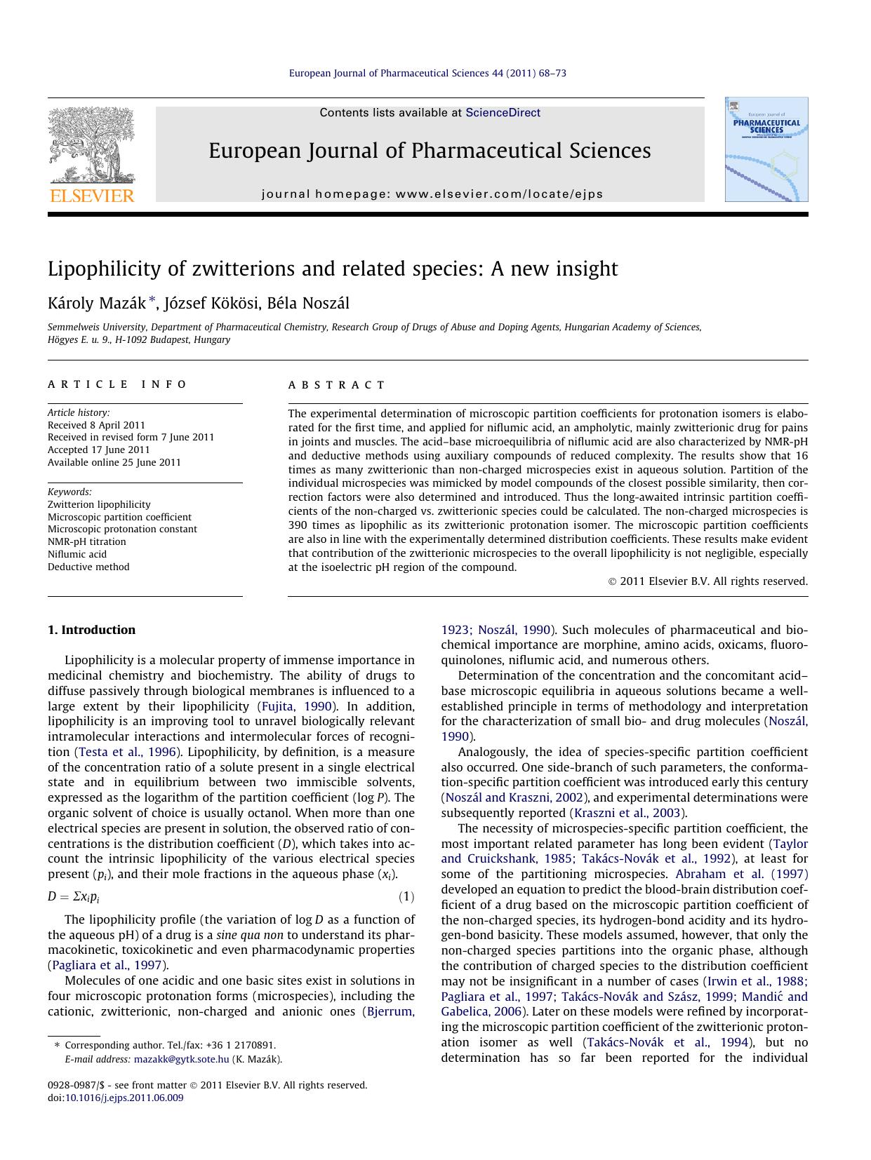 Lipophilicity of zwitterions and related species: A new insight by KÃ¡roly MazÃ¡k & József Kökösi & Béla Noszál