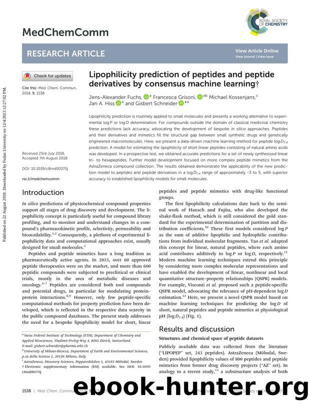 Lipophilicity prediction of peptides and peptide derivatives by consensus machine learning by Jens-Alexander Fuchs & Francesca Grisoni & Michael Kossenjans & Jan A. Hiss & Gisbert Schneider