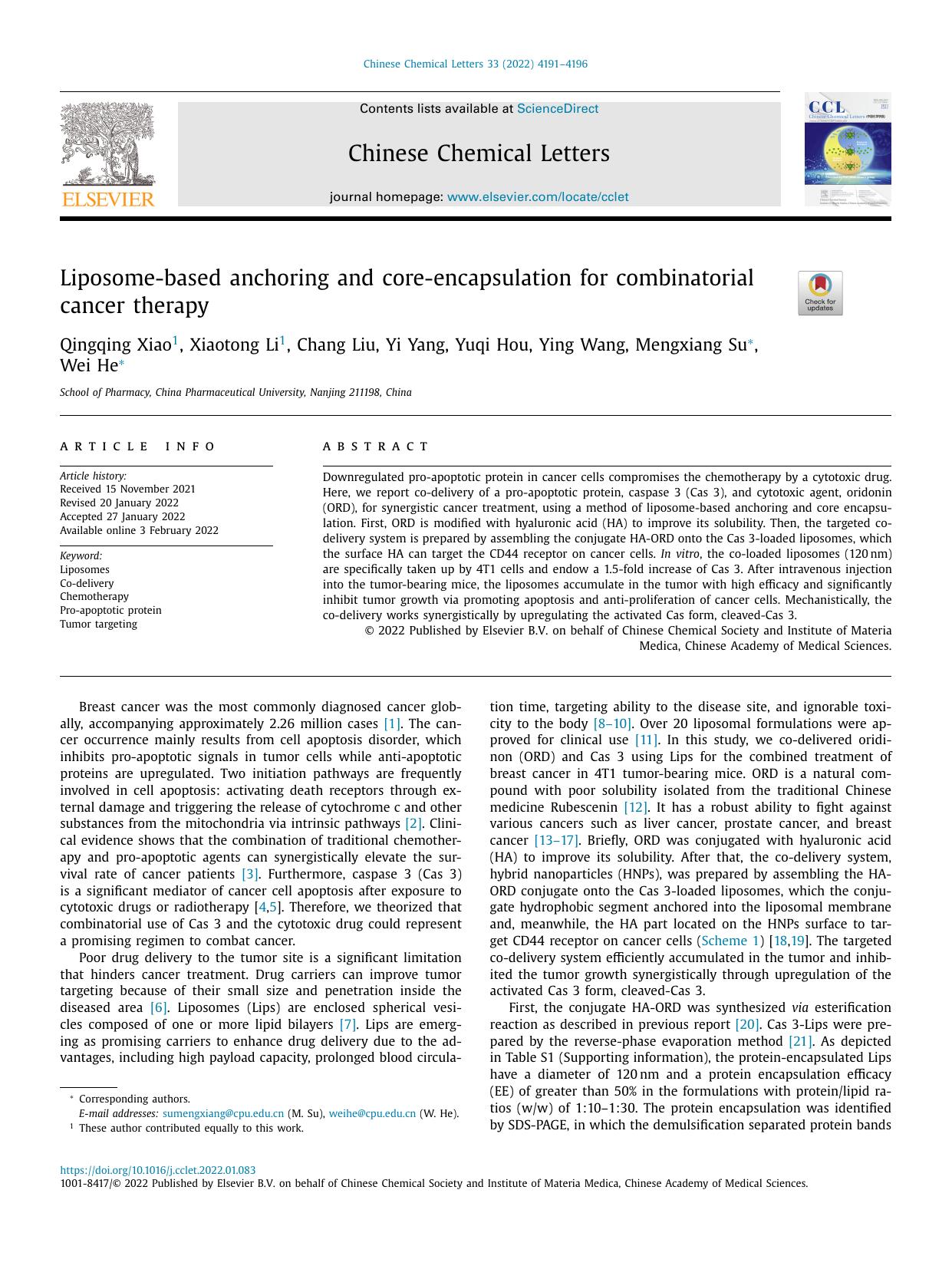 Liposome-based anchoring and core-encapsulation for combinatorial cancer therapy by Qingqing Xiao & Xiaotong Li & Chang Liu & Yi Yang & Yuqi Hou & Ying Wang & Mengxiang Su & Wei He