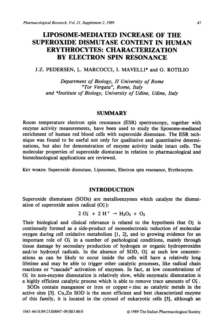 Liposome-mediated increase of the superoxide dismutase content in human erythrocytes: Characterization by electron spin resonance by J.Z. Pedersen; L. Marcocci; I. Mavelli; G. Rotilio