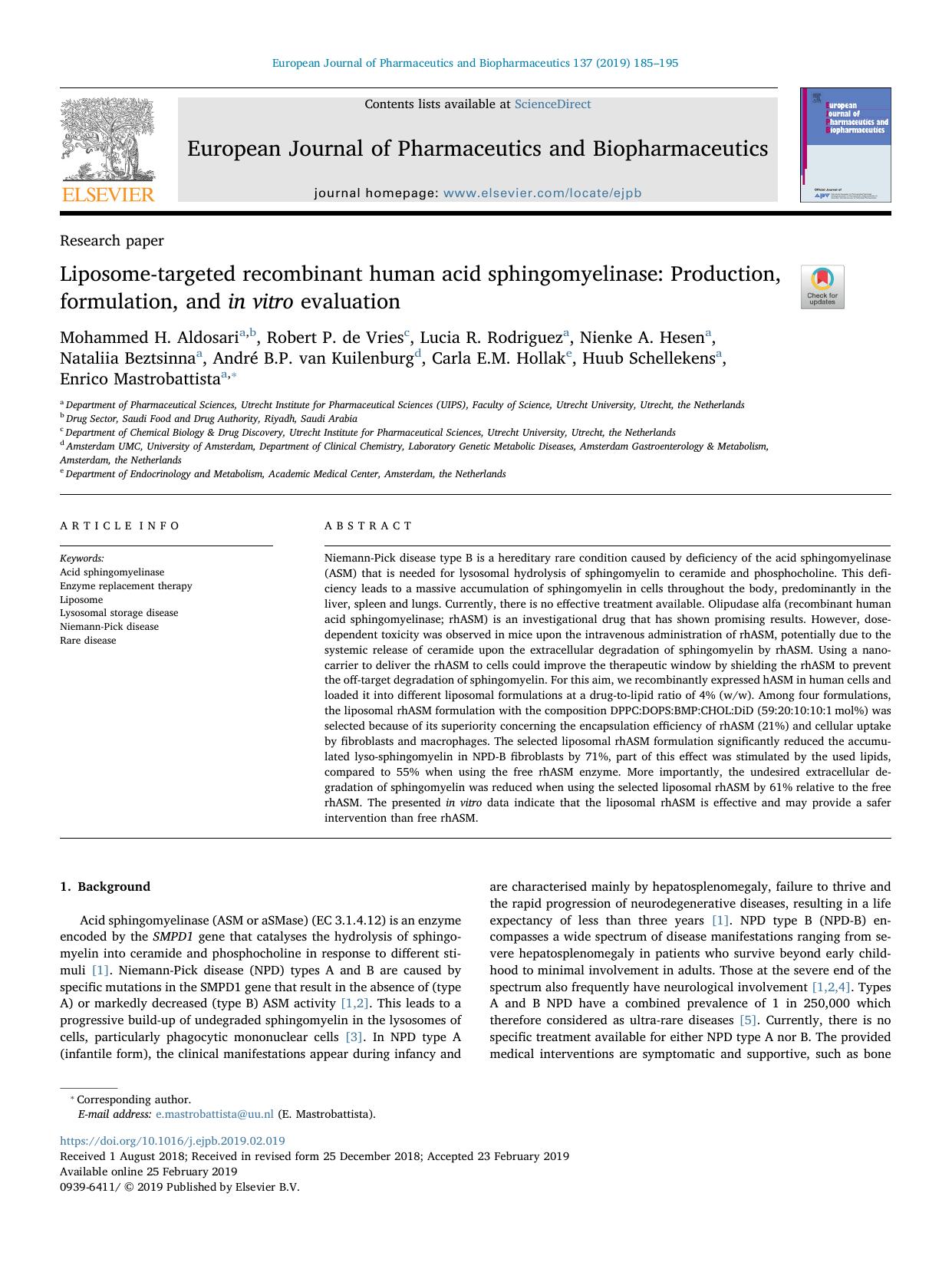 Liposome-targeted recombinant human acid sphingomyelinase_ Production, formulation, and in vitro evaluation by unknow