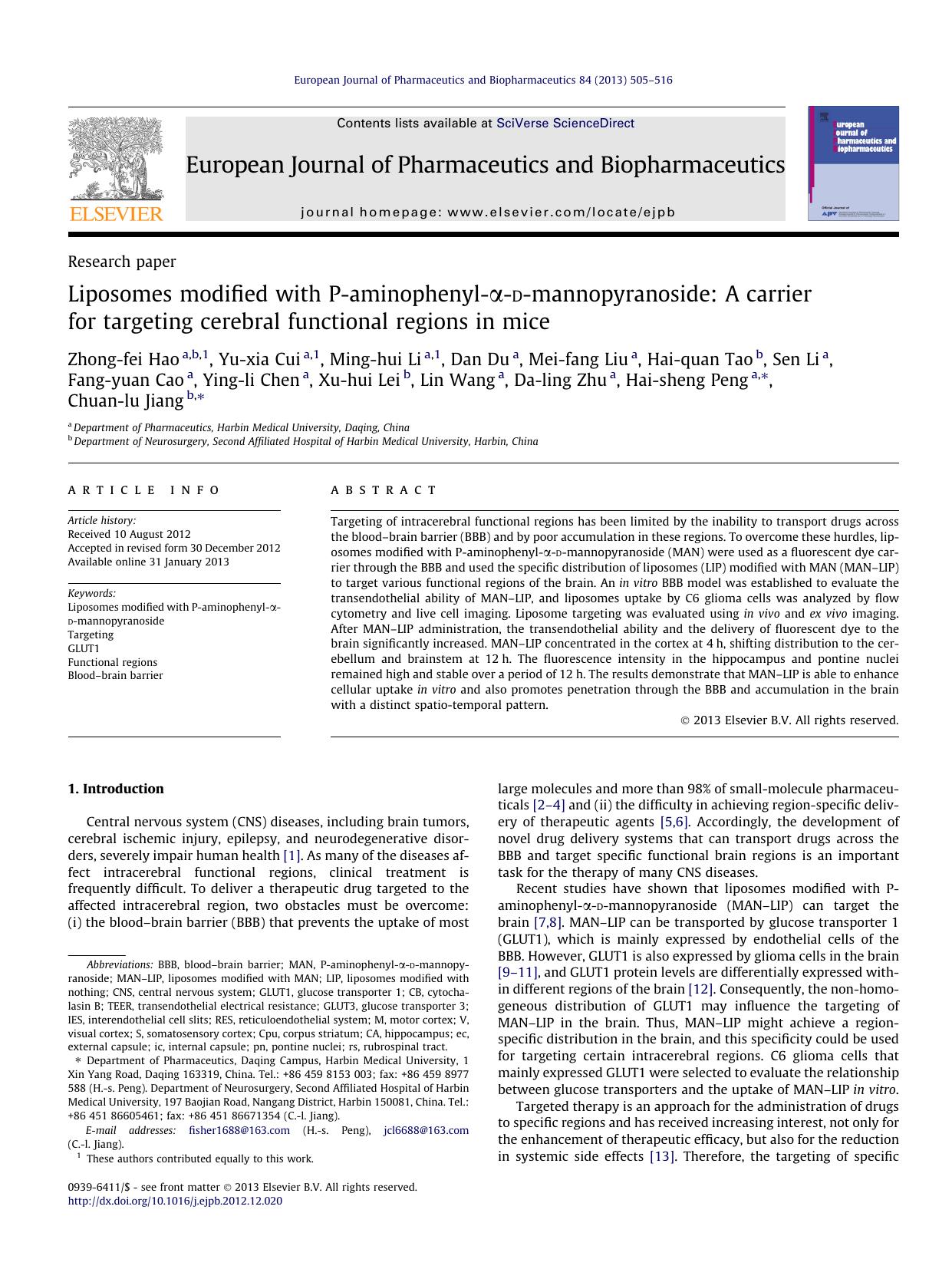 Liposomes modified with P-aminophenyl-ÃÂ±-d-mannopyranoside: A carrier for targeting cerebral functional regions in mice by unknow