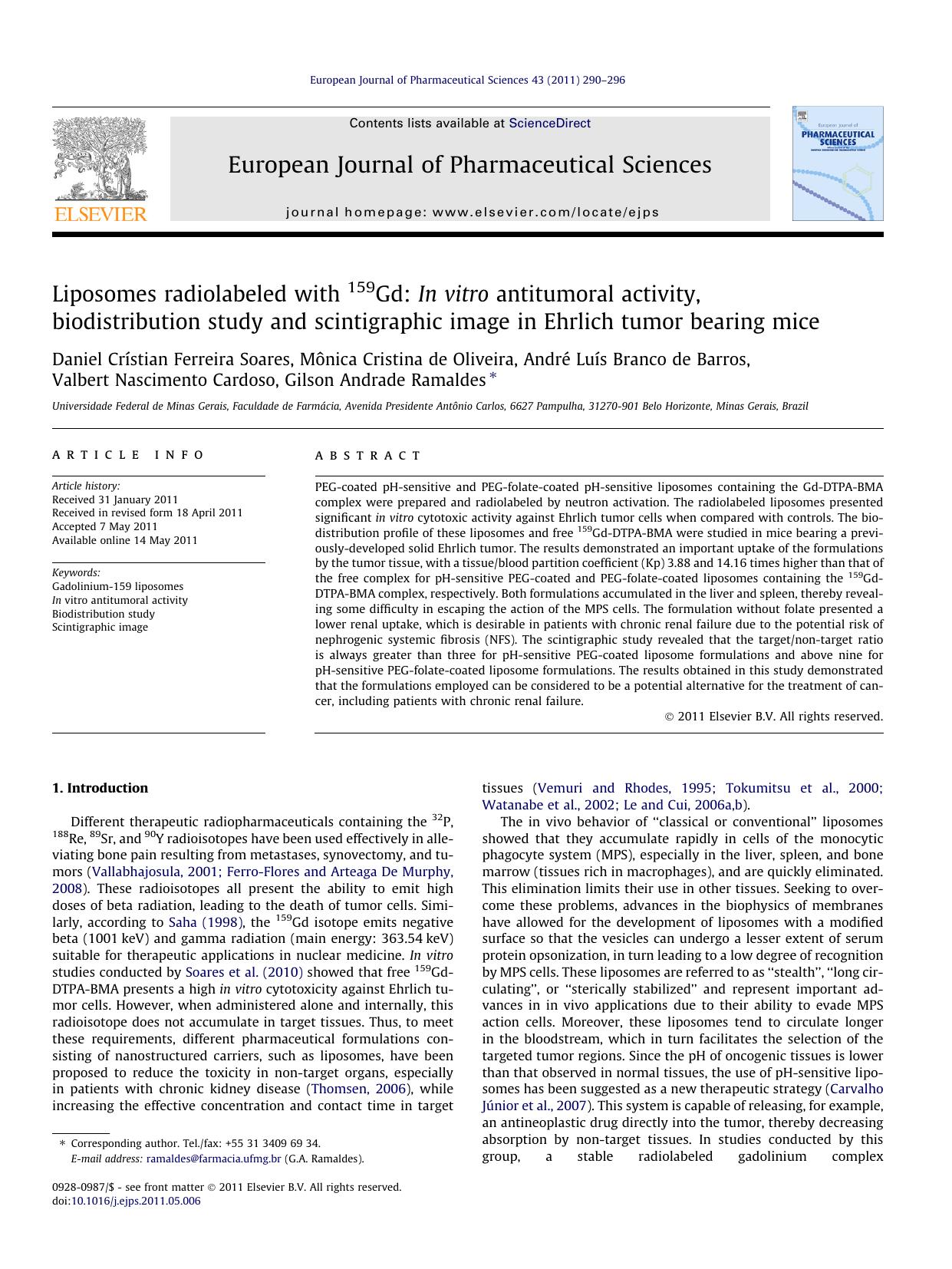 Liposomes radiolabeled with 159Gd: In vitro antitumoral activity, biodistribution study and scintigraphic image in Ehrlich tumor bearing mice by unknow