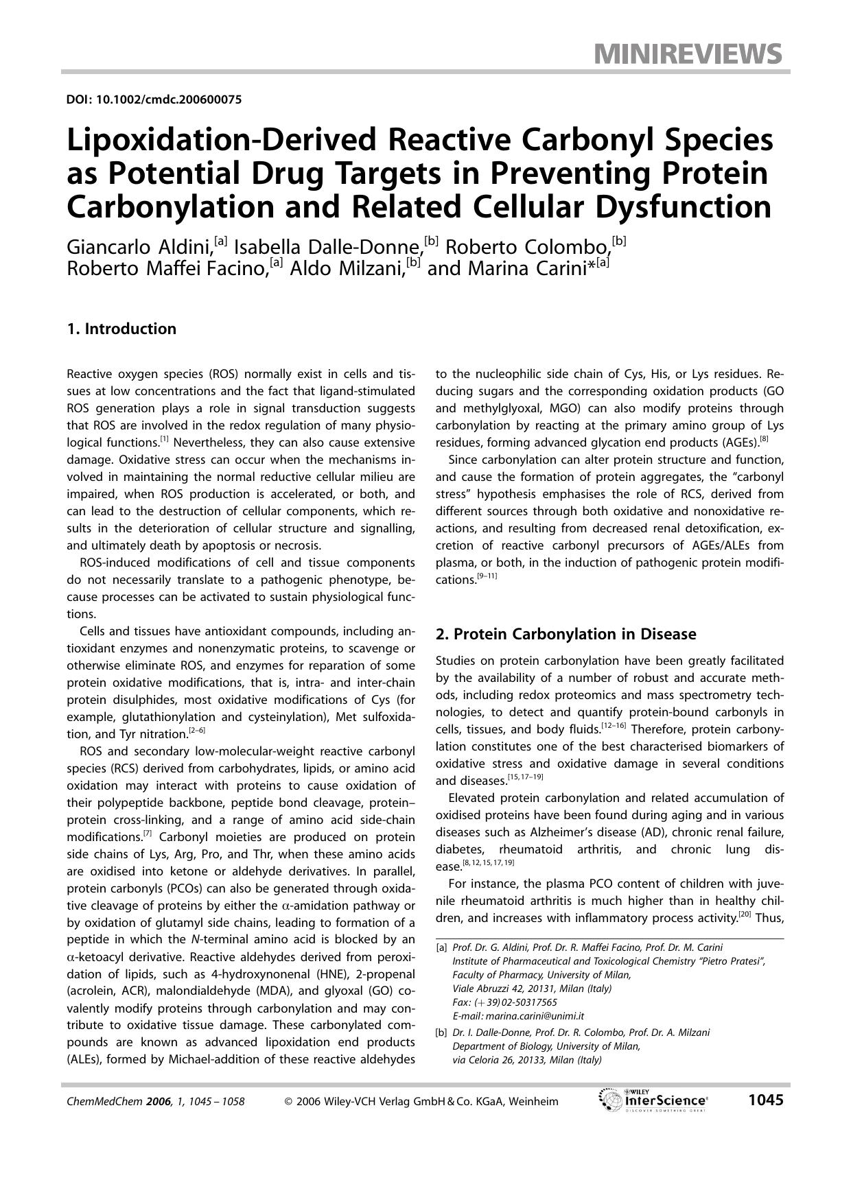 Lipoxidation-Derived Reactive Carbonyl Species as Potential Drug Targets in Preventing Protein Carbonylation and Related Cellular Dysfunction by Unknown