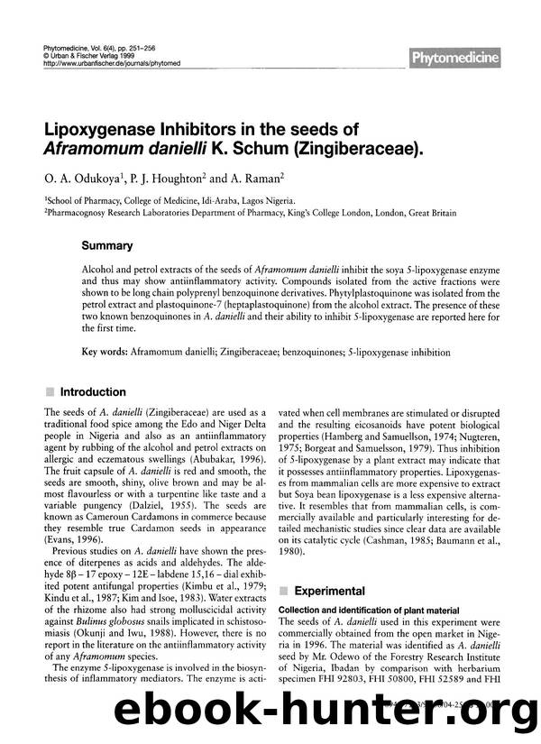 Lipoxygenase Inhibitors in the seeds of Aframomum danielli K. Schum (Zingiberaceae) by O.A. Odukoya & P.J. Houghton & A. Raman