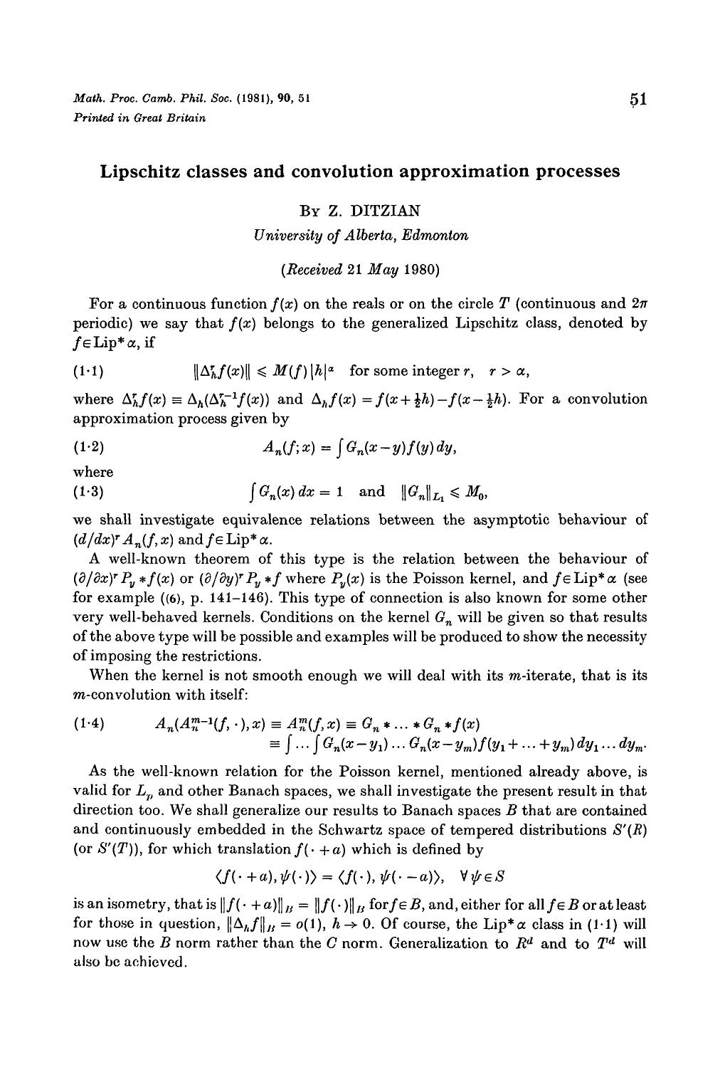 Lipschitz classes and convolution approximation processes by Z. Ditzian