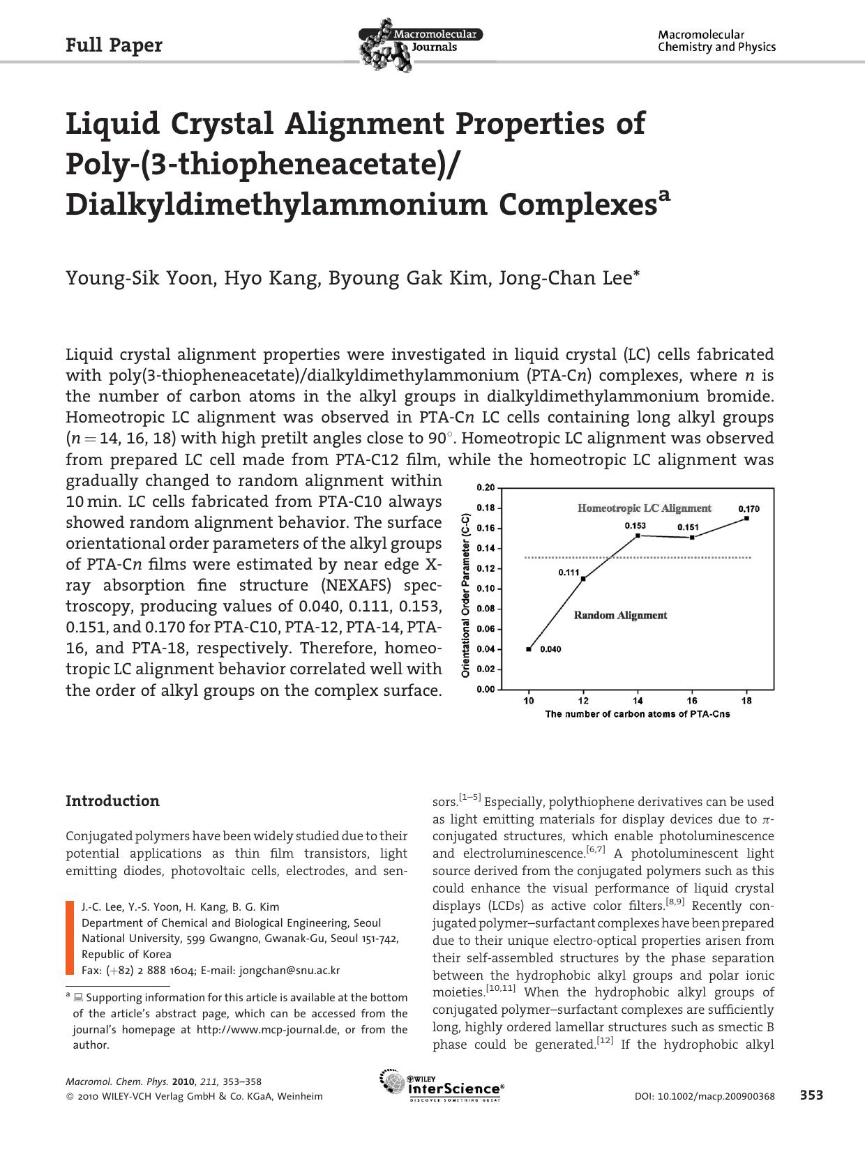 Liquid Crystal Alignment Properties of Poly-(3-thiopheneacetate)Dialkyldimethylammonium Complexes by unknow