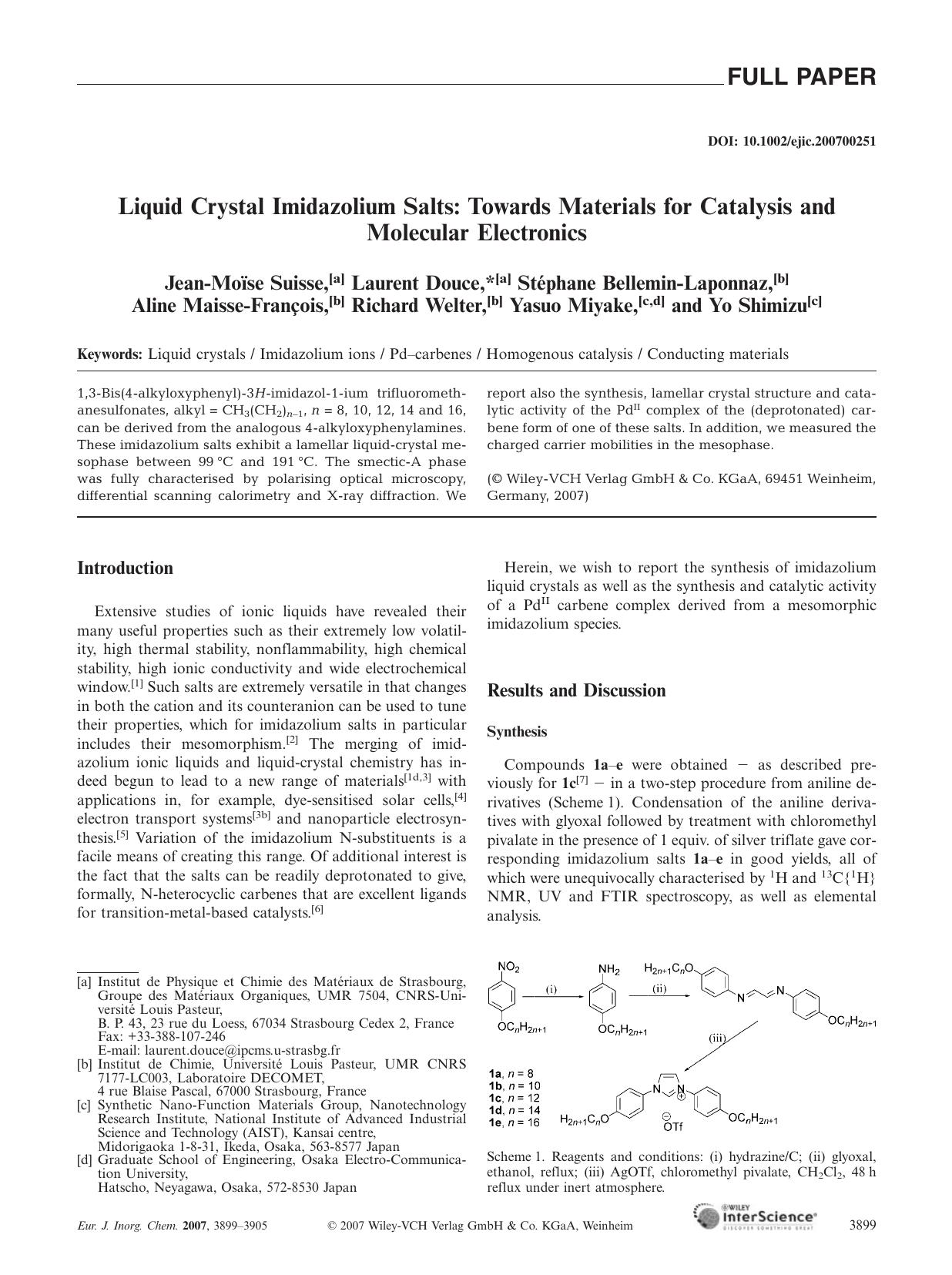 Liquid Crystal Imidazolium Salts: Towards Materials for Catalysis and Molecular Electronics by Unknown