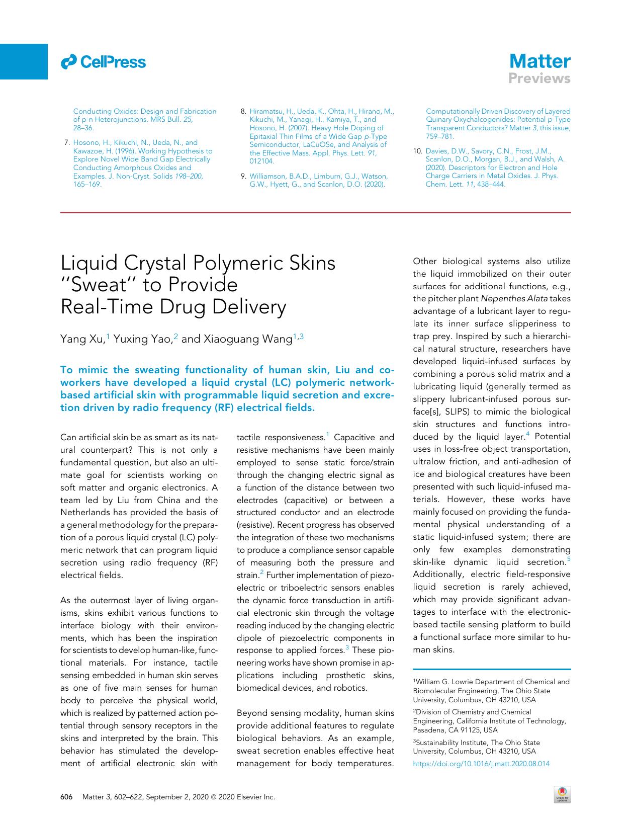 Liquid Crystal Polymeric Skins “Sweat” to Provide Real-Time Drug Delivery by Yang Xu & Yuxing Yao & Xiaoguang Wang