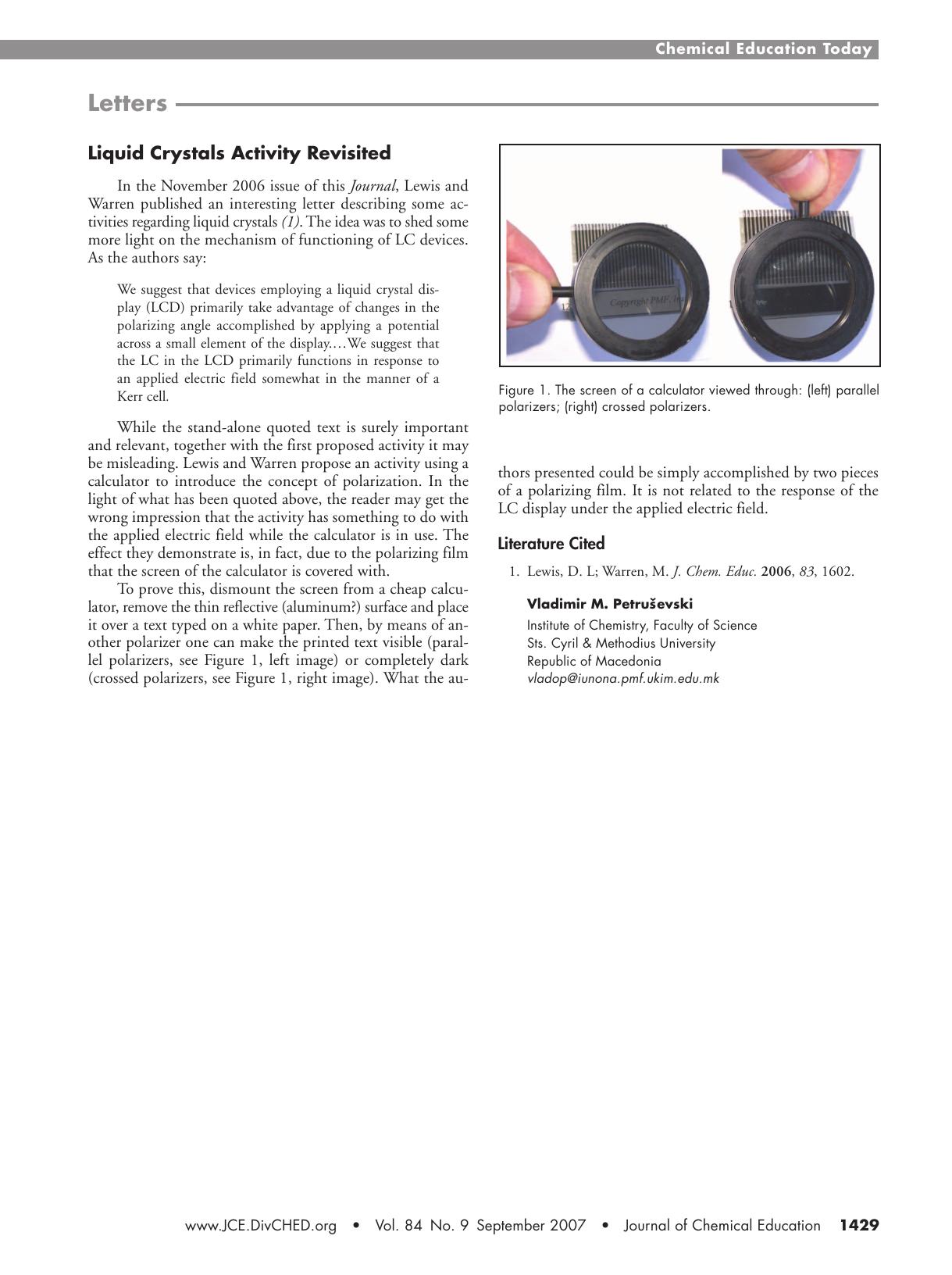 Liquid Crystals Activity Revisited by Vladimir M. Petrusevski