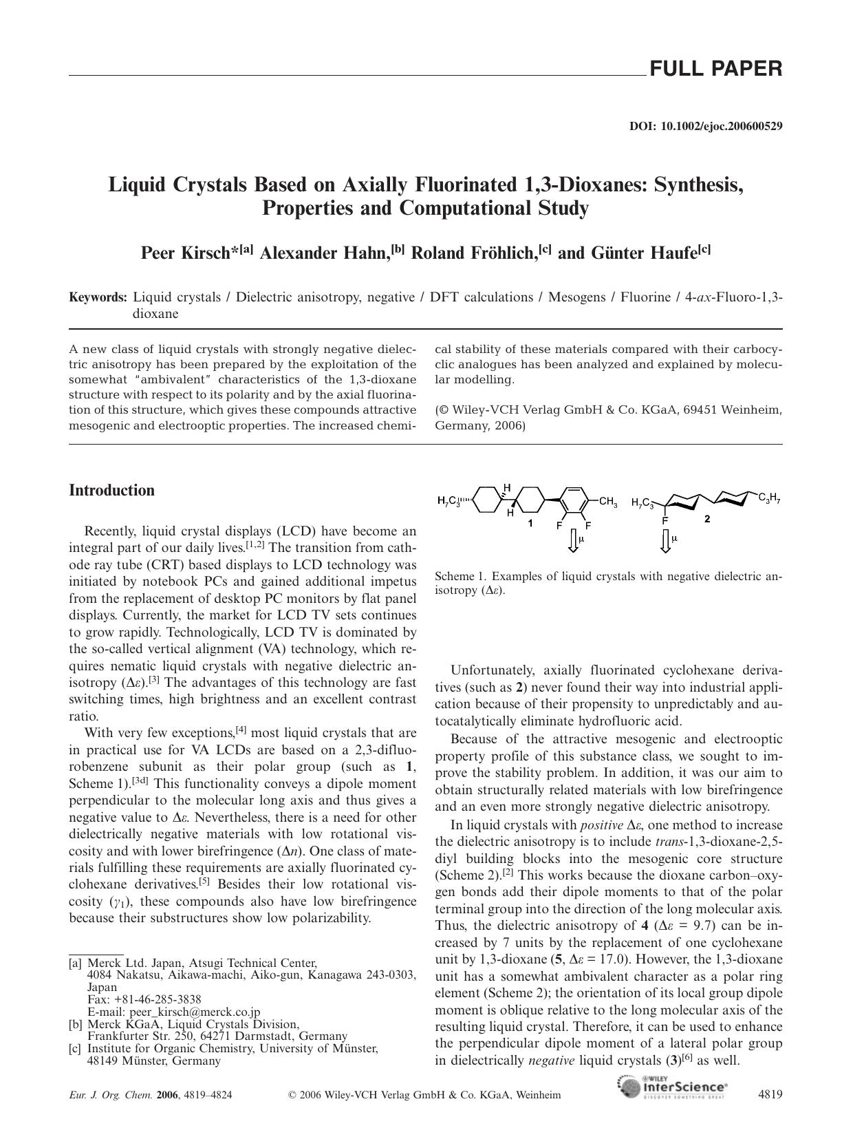 Liquid Crystals Based on Axially Fluorinated 1,3-Dioxanes: Synthesis, Properties and Computational Study by Unknown