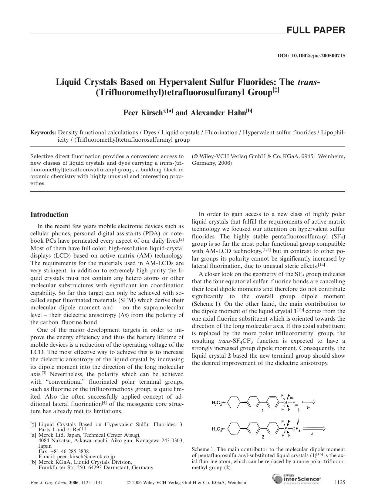 Liquid Crystals Based on Hypervalent Sulfur Fluorides: The trans-(Trifluoromethyl)tetrafluorosulfuranyl Group by Unknown