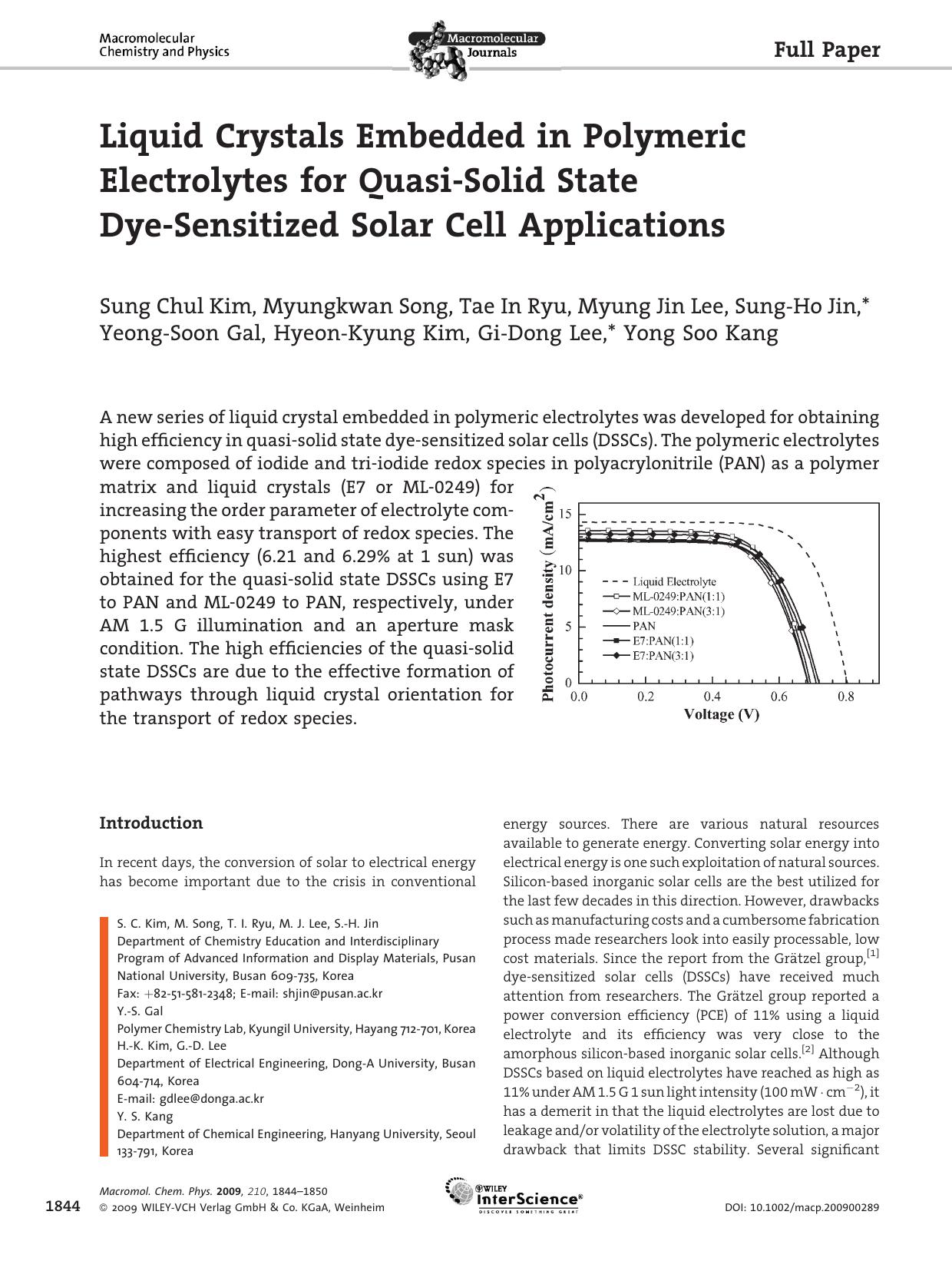 Liquid Crystals Embedded in Polymeric Electrolytes for Quasi-Solid State Dye-Sensitized Solar Cell Applications by Unknown