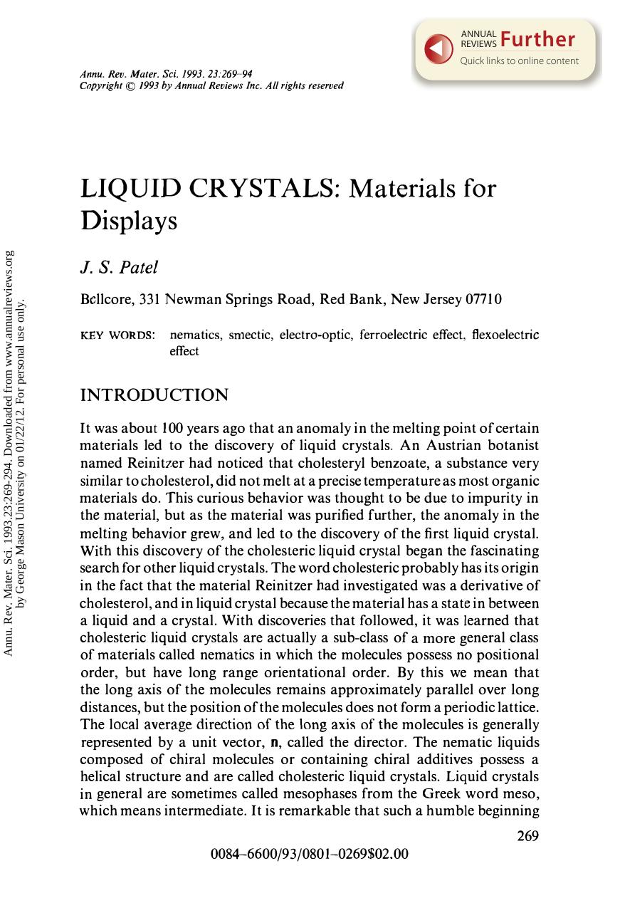 Liquid Crystals: Materials for Displays by J S Patel