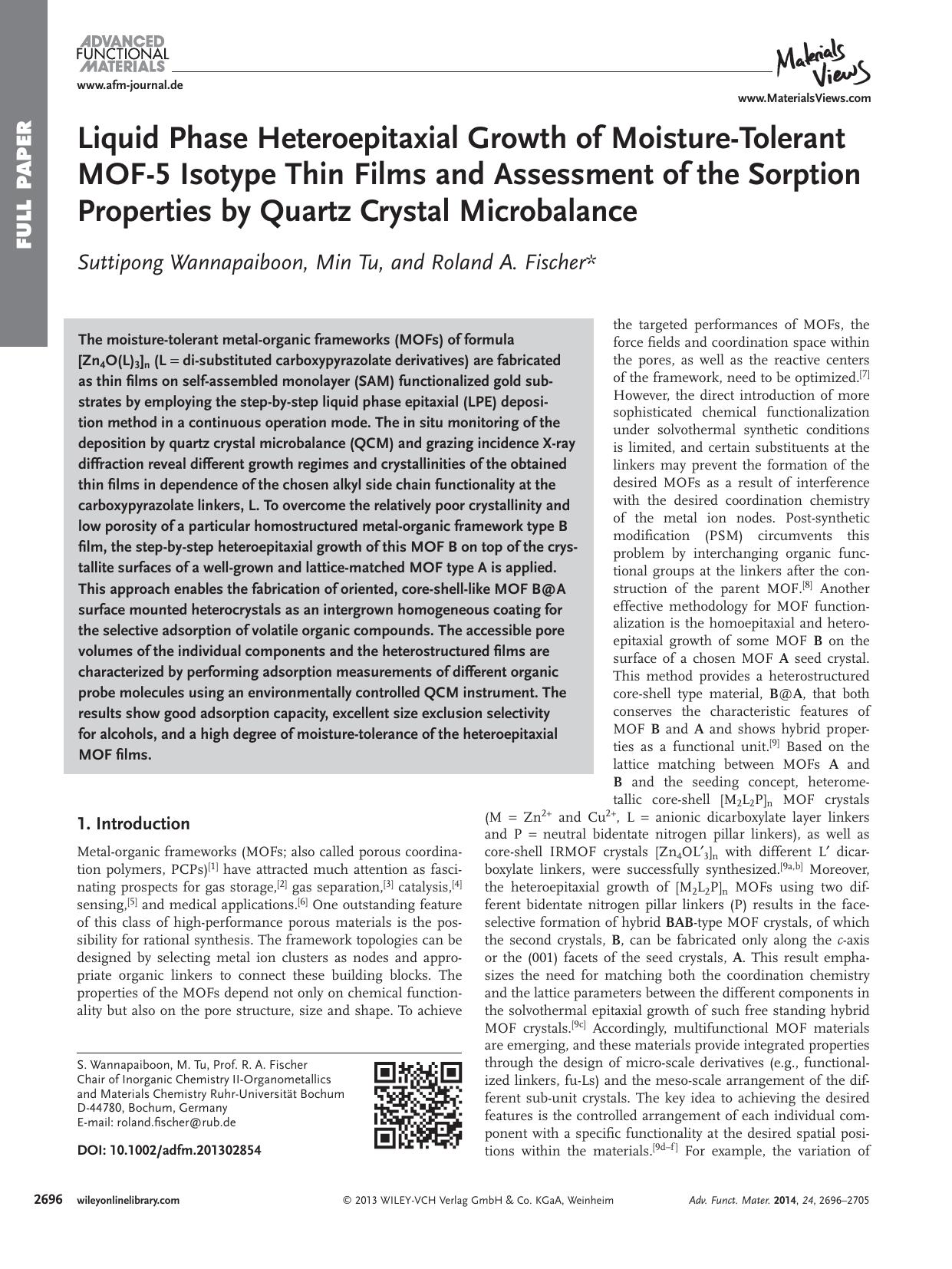 Liquid Phase Heteroepitaxial Growth of MoistureTolerant MOF5 Isotype Thin Films and Assessment of the Sorption Properties by Quartz Crystal Microbalance by s-w-270