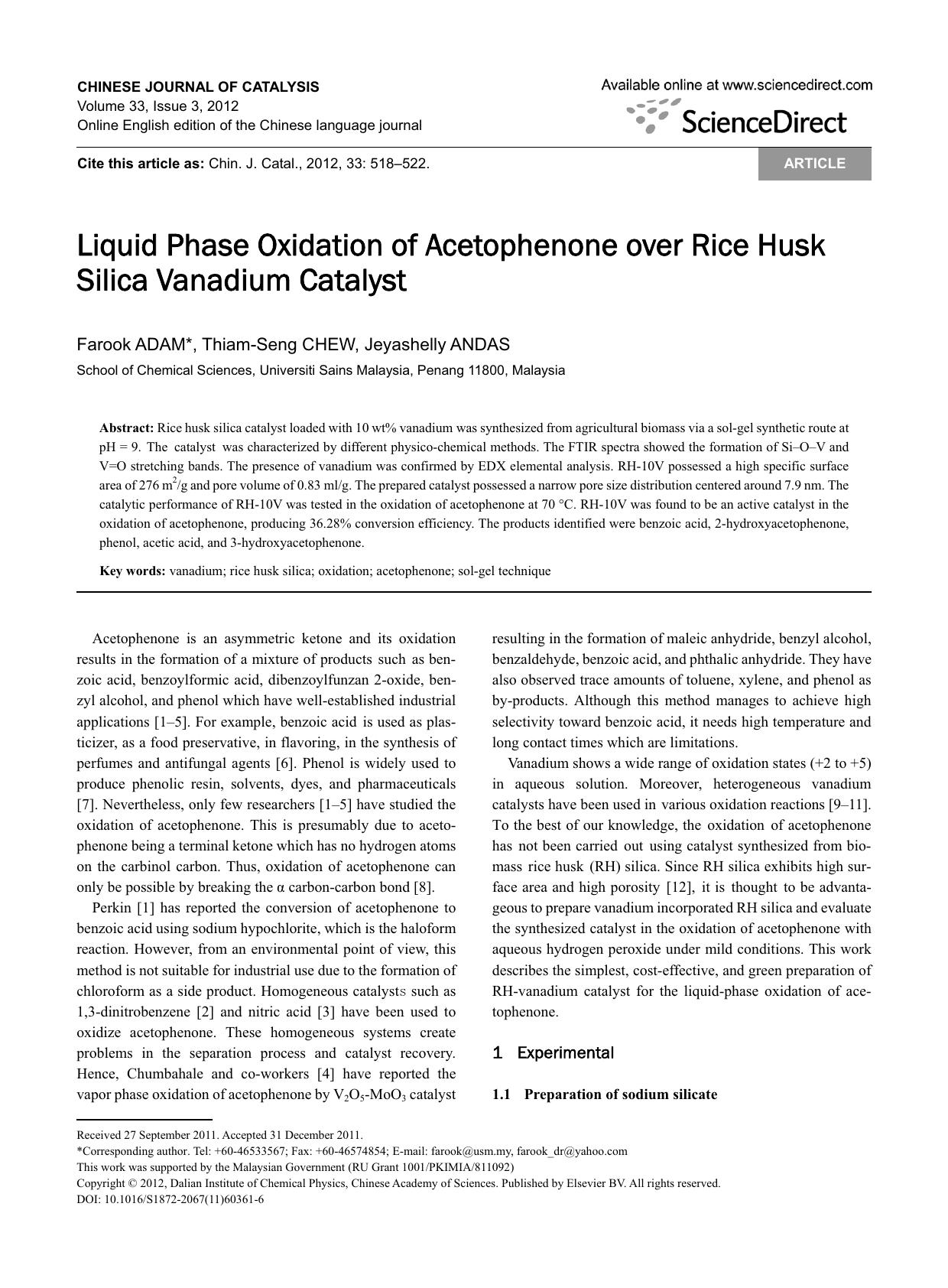 Liquid Phase Oxidation of Acetophenone over Rice Husk Silica Vanadium Catalyst by Farook ADAM & Thiam-Seng CHEW & Jeyashelly ANDAS