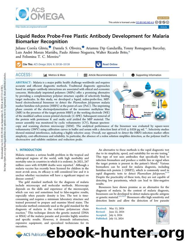 Liquid Redox Probe-Free Plastic Antibody Development for Malaria Biomarker Recognition by unknow
