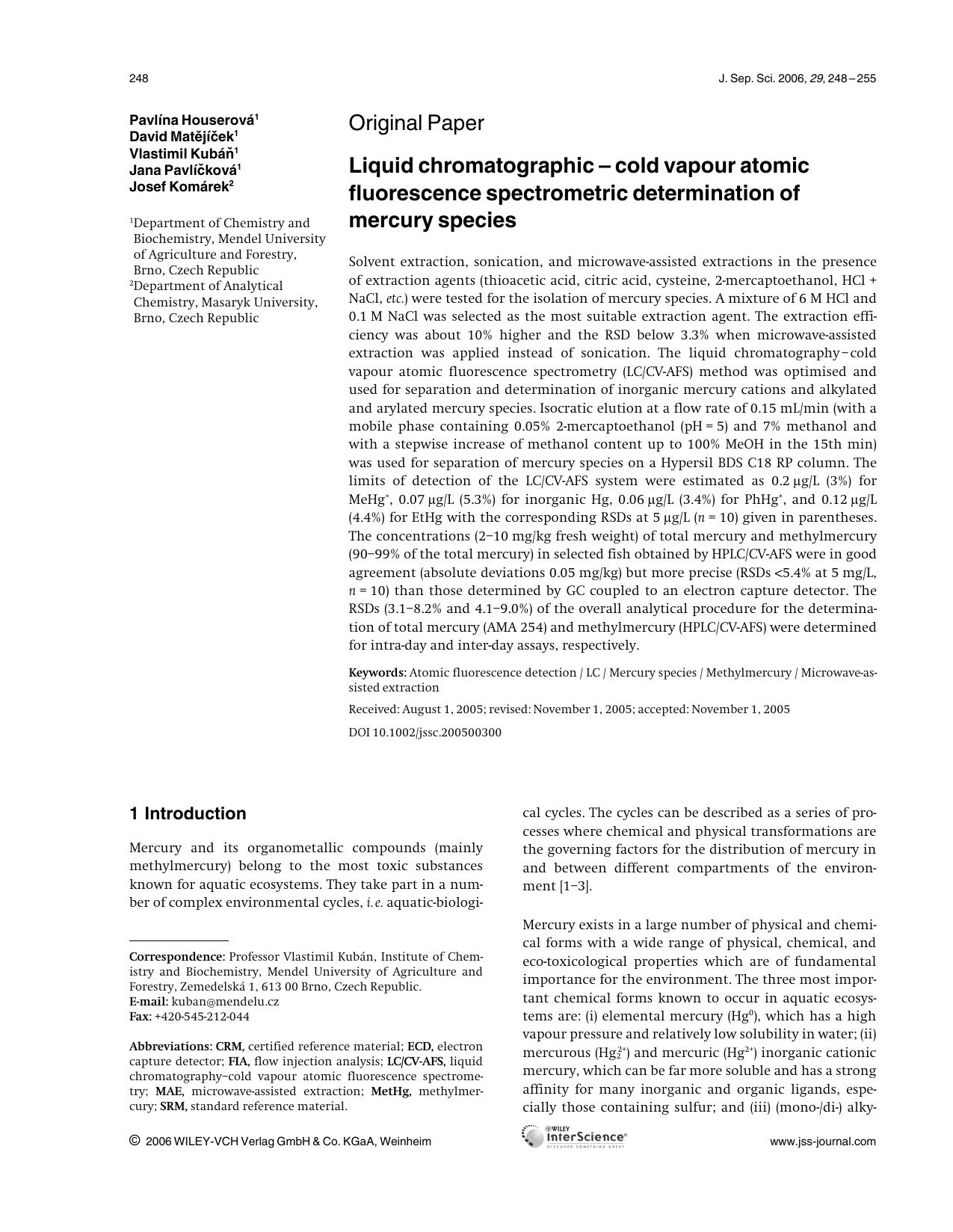 Liquid chromatographic - cold vapour atomic fluorescence spectrometric determination of mercury species by Unknown