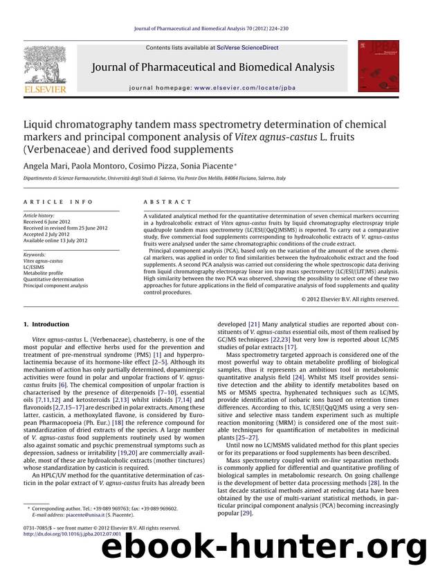 Liquid chromatography tandem mass spectrometry determination of chemical markers and principal component analysis of Vitex agnus-castus L. fruits (Verbenaceae) and derived food supplements by Angela Mari