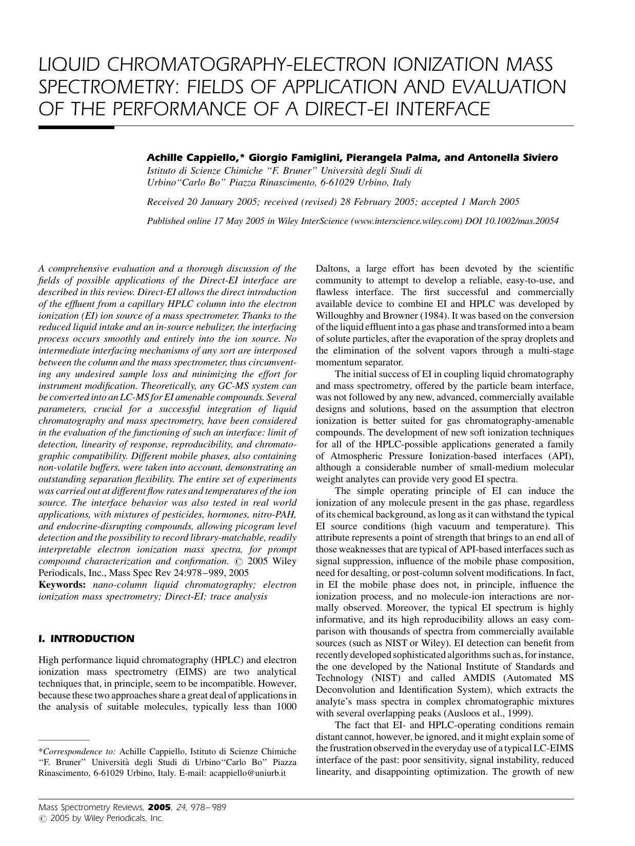 Liquid chromatography-electron ionization mass spectrometry: Fields of application and evaluation of the performance of a Direct-EI interface by Unknown