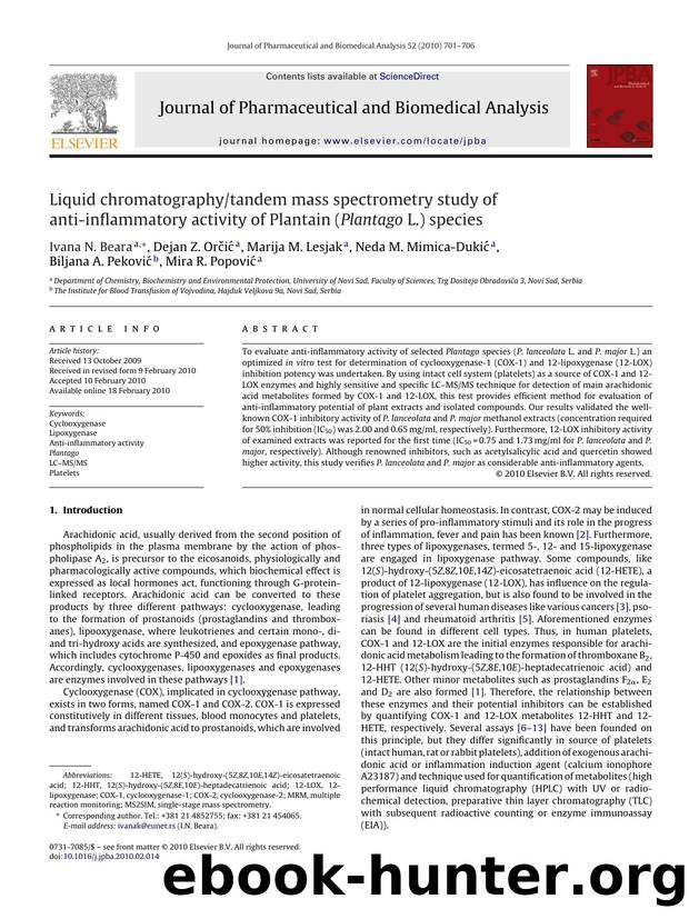 Liquid chromatographytandem mass spectrometry study of anti-inflammatory activity of Plantain (Plantago L.) species by unknow