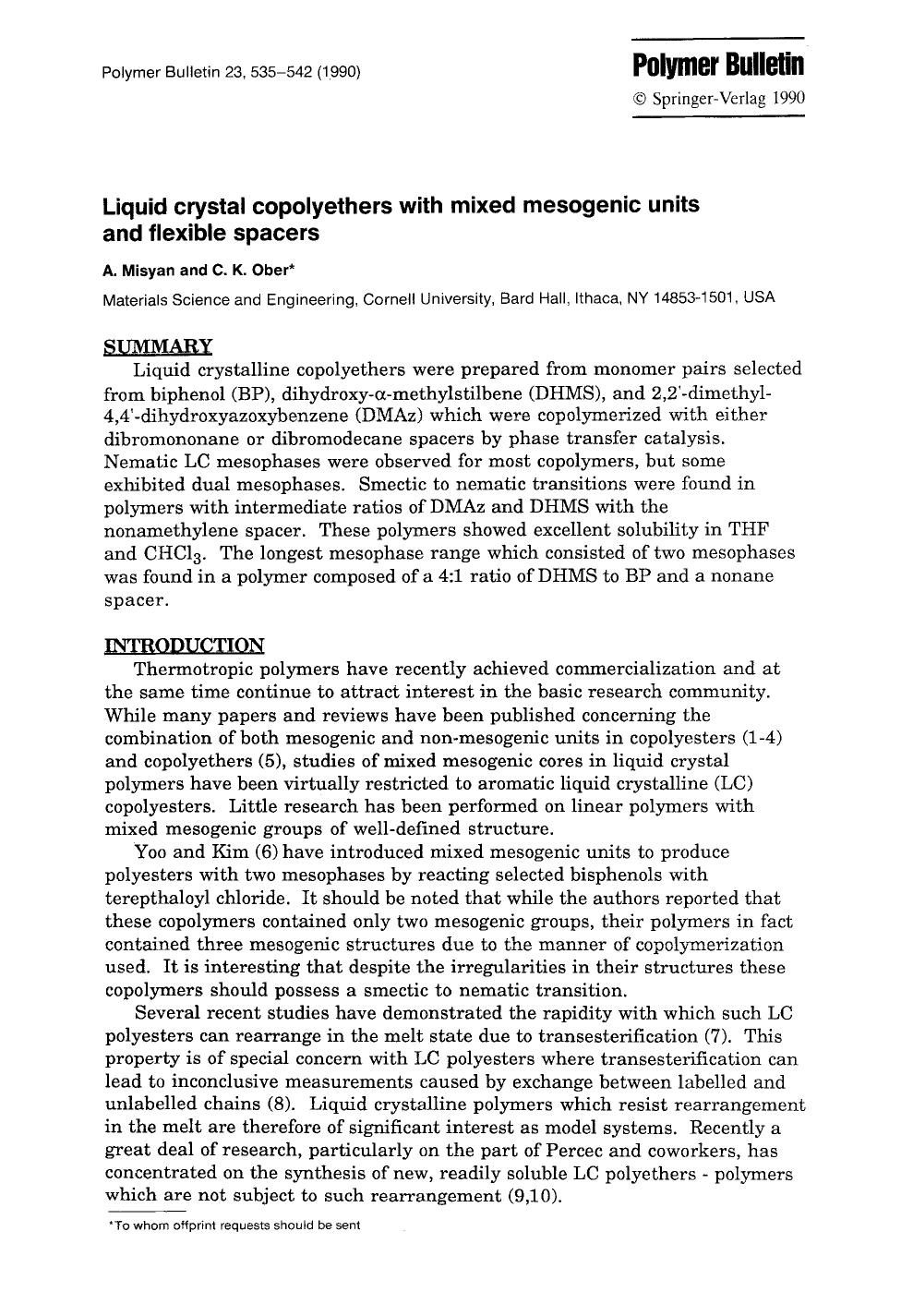 Liquid crystal copolyethers with mixed mesogenic units and flexible spacers by Unknown