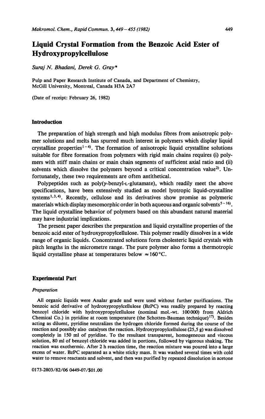 Liquid crystal formation from the benzoic acid ester of hydroxypropylcellulose by Unknown