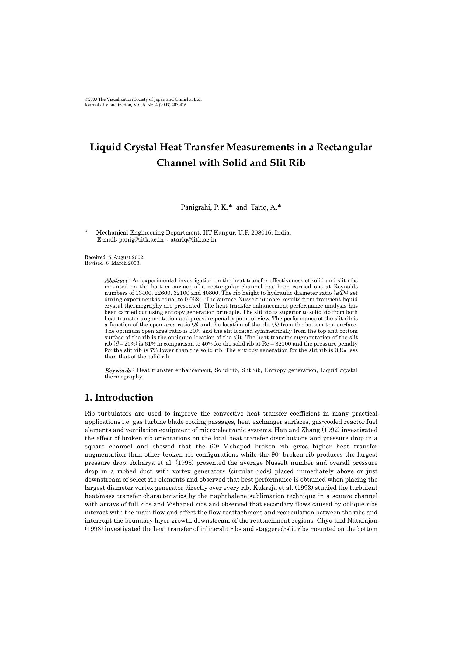 Liquid crystal heat transfer measurements in a rectangular channel with solid and slit rib by Unknown