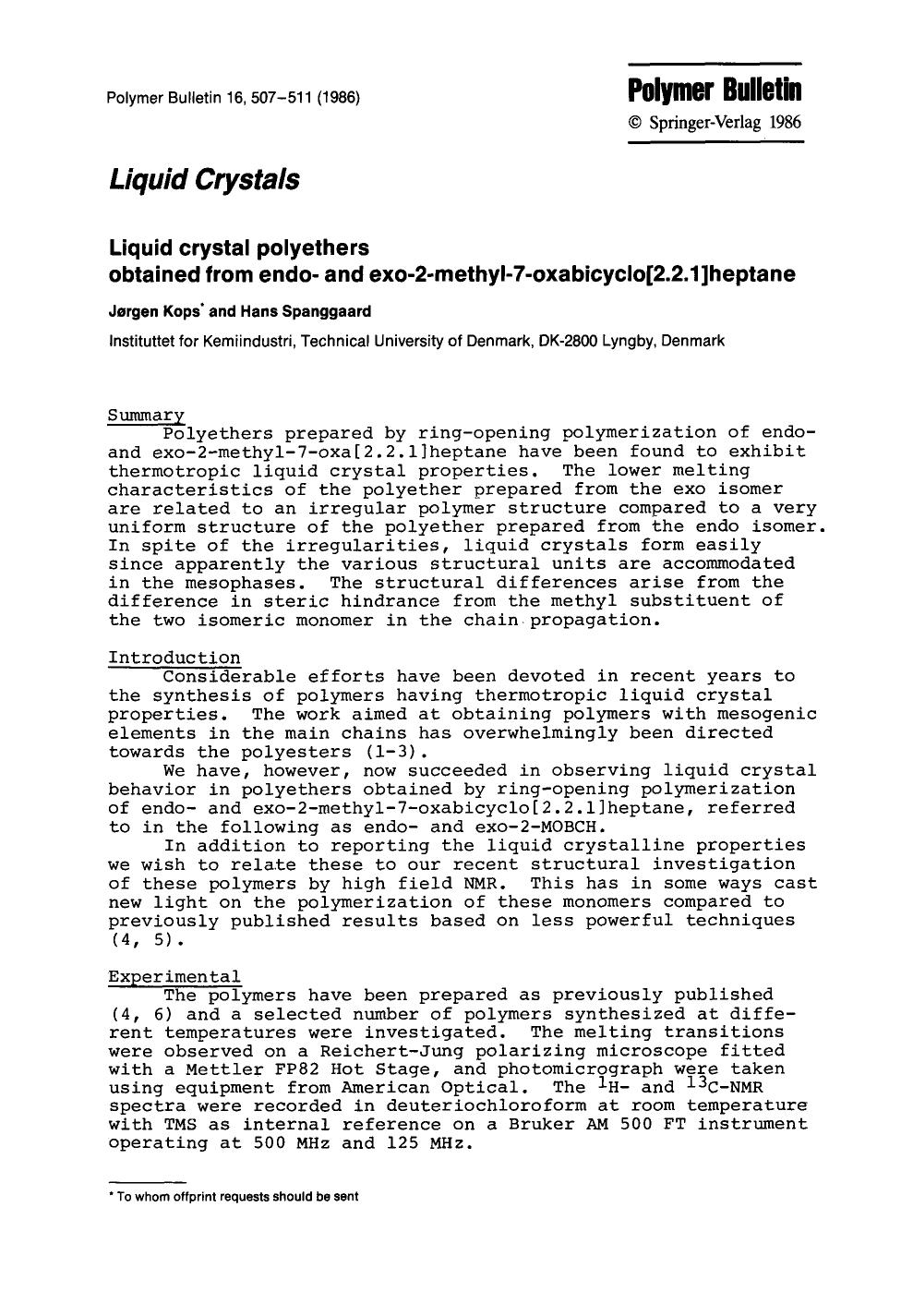 Liquid crystal polyethers obtained from endo- and exo-2-methyl-7-oxabicyclo[2.2.1]heptane by Unknown