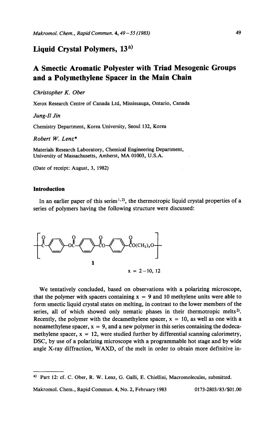Liquid crystal polymers, 13. A smectic aromatic polyester with triad mesogenic groups and a polymethylene spacer in the main chain by Unknown