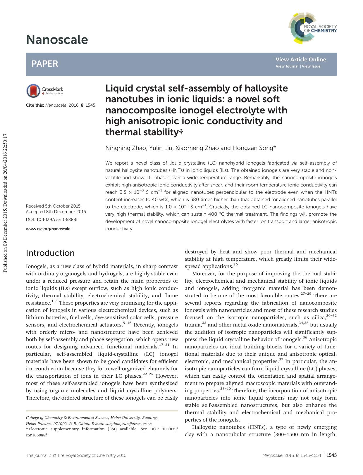 Liquid crystal self-assembly of halloysite nanotubes in ionic liquids: a novel soft nanocomposite ionogel electrolyte with high anisotropic ionic conductivity and thermal stability by Ningning Zhao Yulin Liu Xiaomeng Zhao Hongzan Song