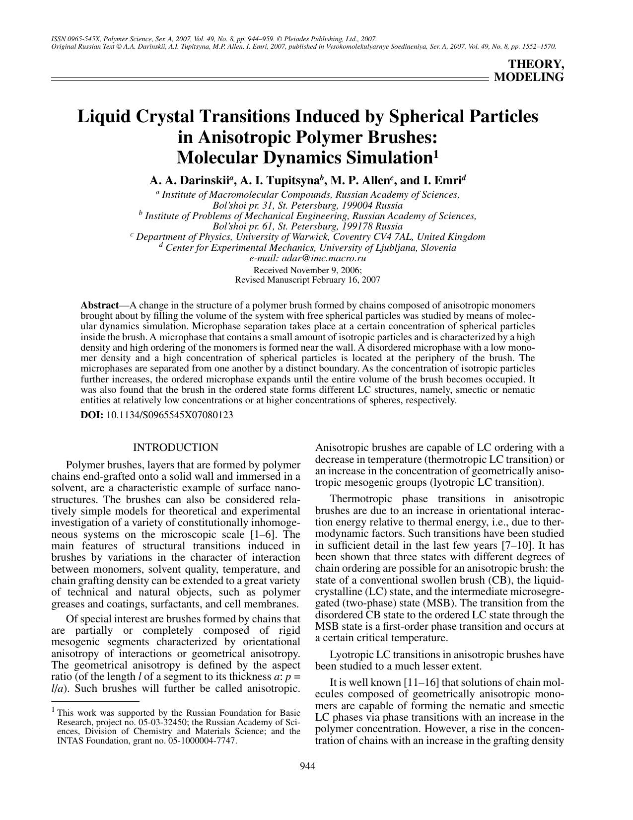 Liquid crystal transitions induced by spherical particles in anisotropic polymer brushes: Molecular dynamics simulation by Unknown