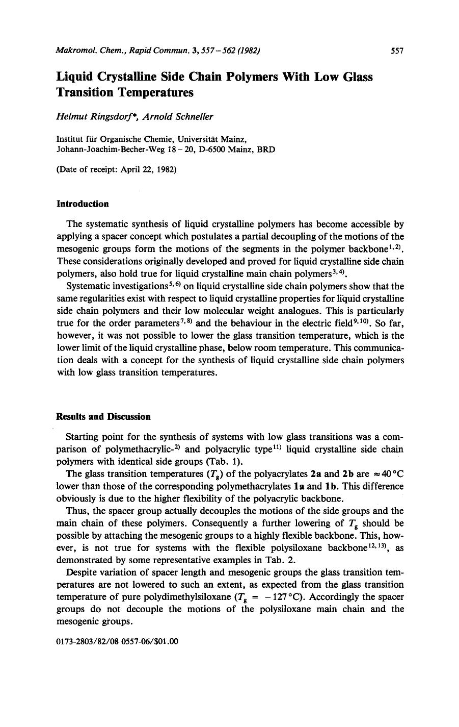 Liquid crystalline side chain polymers with low glass transition temperatures by Unknown