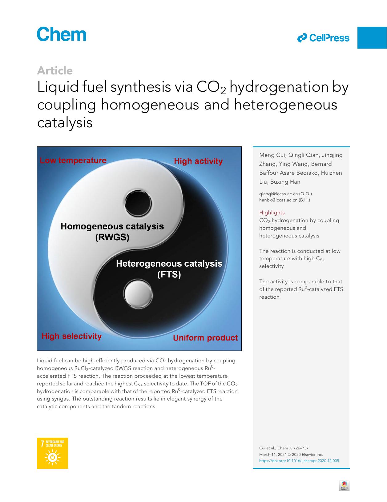 Liquid fuel synthesis via CO2 hydrogenation by coupling homogeneous and heterogeneous catalysis by unknow