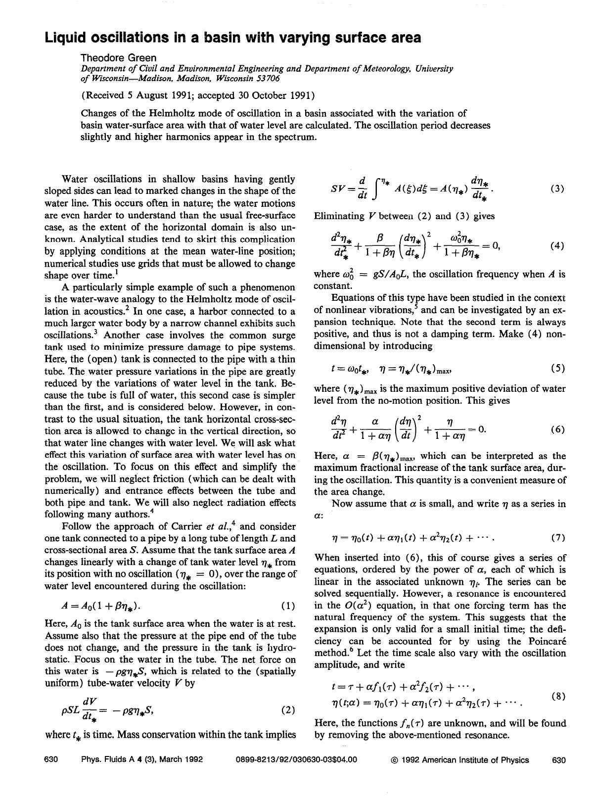 Liquid oscillations in a basin with varying surface area by Theodore Green
