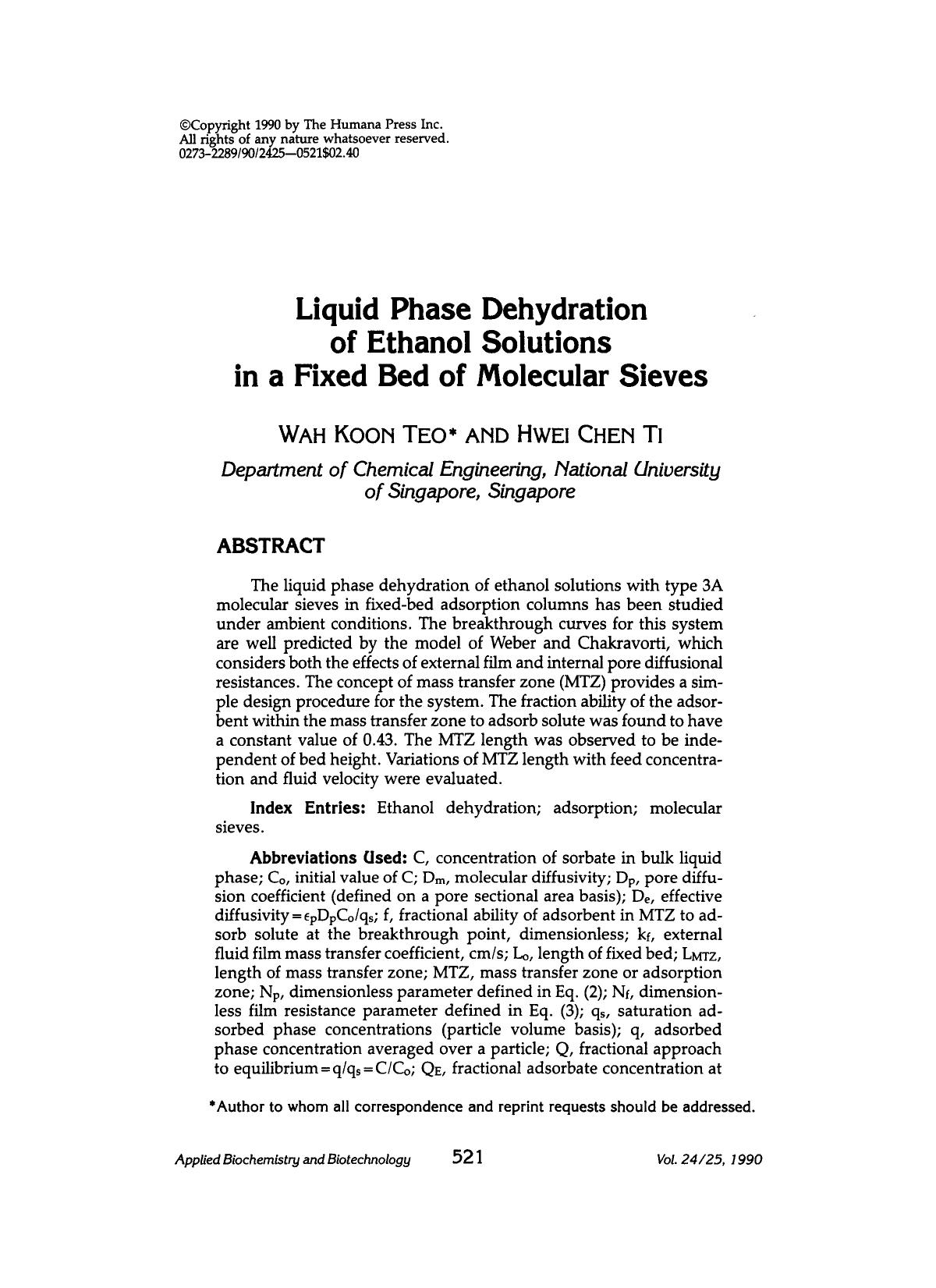 Liquid phase dehydration of ethanol solutions in a fixed bed of molecular sieves by Unknown