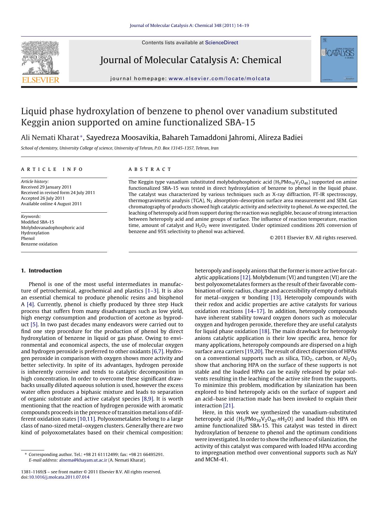 Liquid phase hydroxylation of benzene to phenol over vanadium substituted Keggin anion supported on amine functionalized SBA-15 by Ali Nemati Kharat