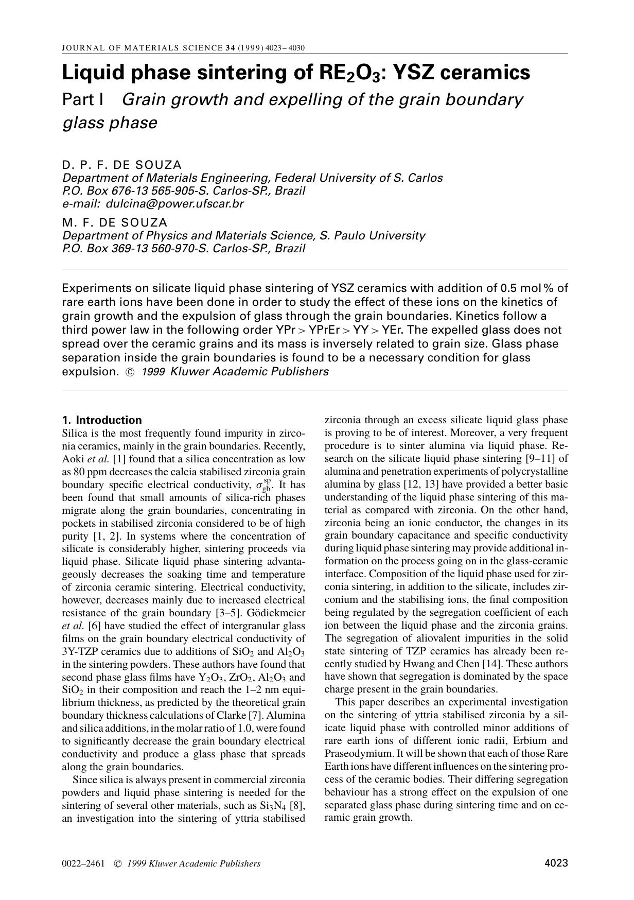 Liquid phase sintering of RE2O3: YSZ ceramics Part I Grain growth and expelling of the grain boundary glass phase by Unknown
