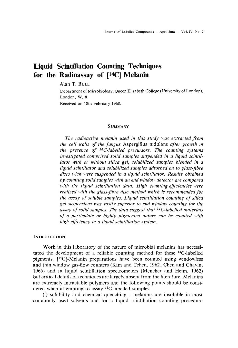 Liquid scintillation counting techniques for the radioassay of [14C] melanin by Unknown