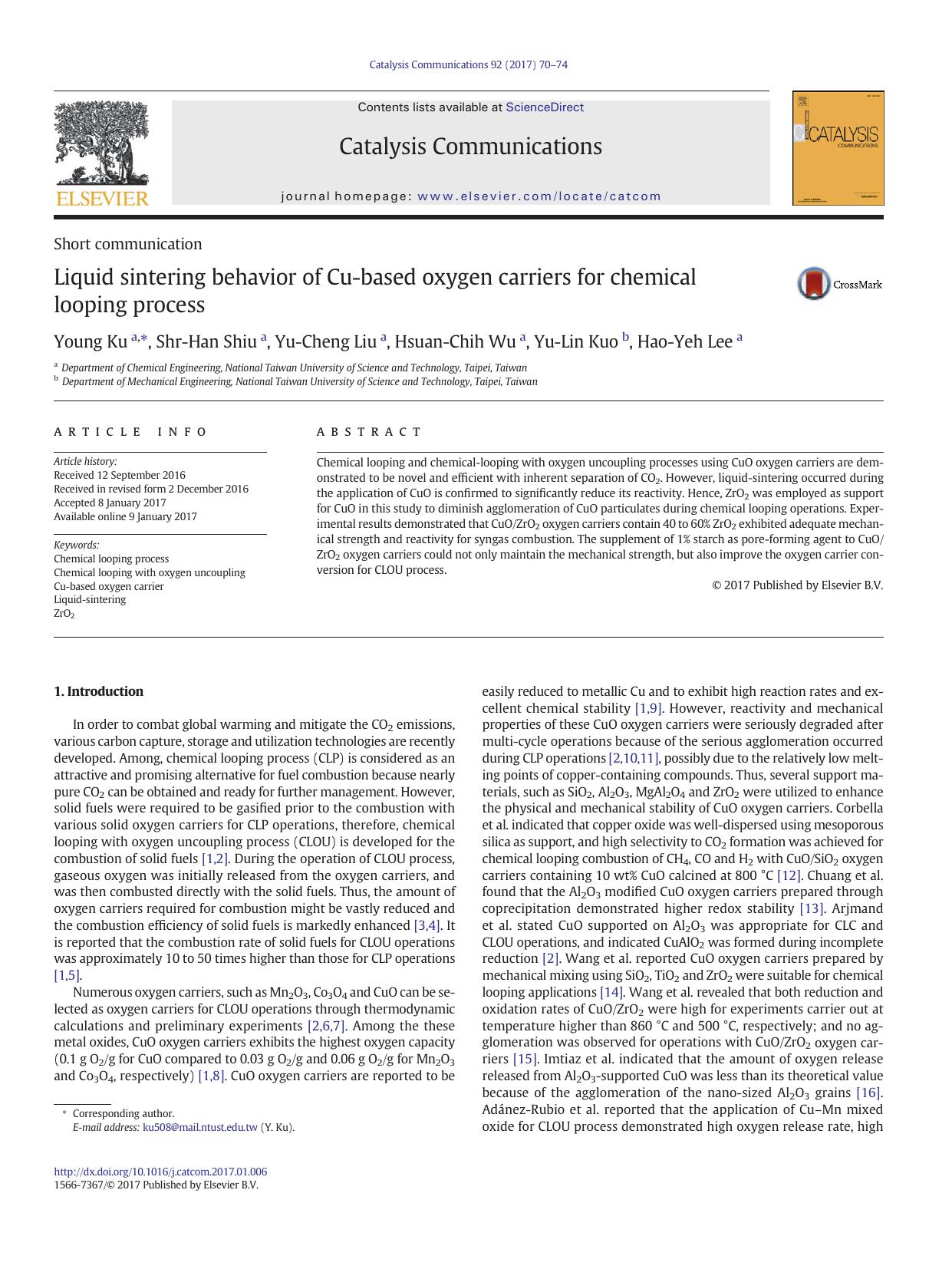 Liquid sintering behavior of Cu-based oxygen carriers for chemical looping process by Young Ku & Shr-Han Shiu & Yu-Cheng Liu & Hsuan-Chih Wu & Yu-Lin Kuo & Hao-Yeh Lee