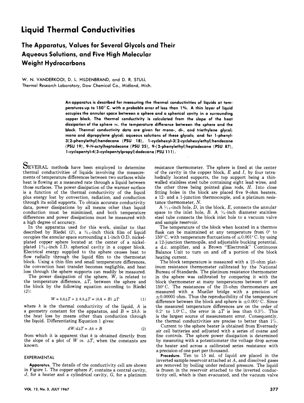 Liquid thermal conductivities. The apparatus, values for several glycols and their aqueous solutions, and five high molecular weight hydrocarbons by William N. Vanderkooi Donald L. Hildenbrand Daniel R. Stull