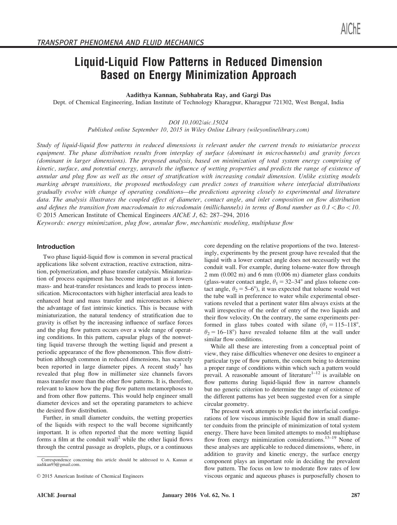 Liquid‐Liquid Flow Patterns in Reduced Dimension Based on Energy Minimization Approach by Unknown
