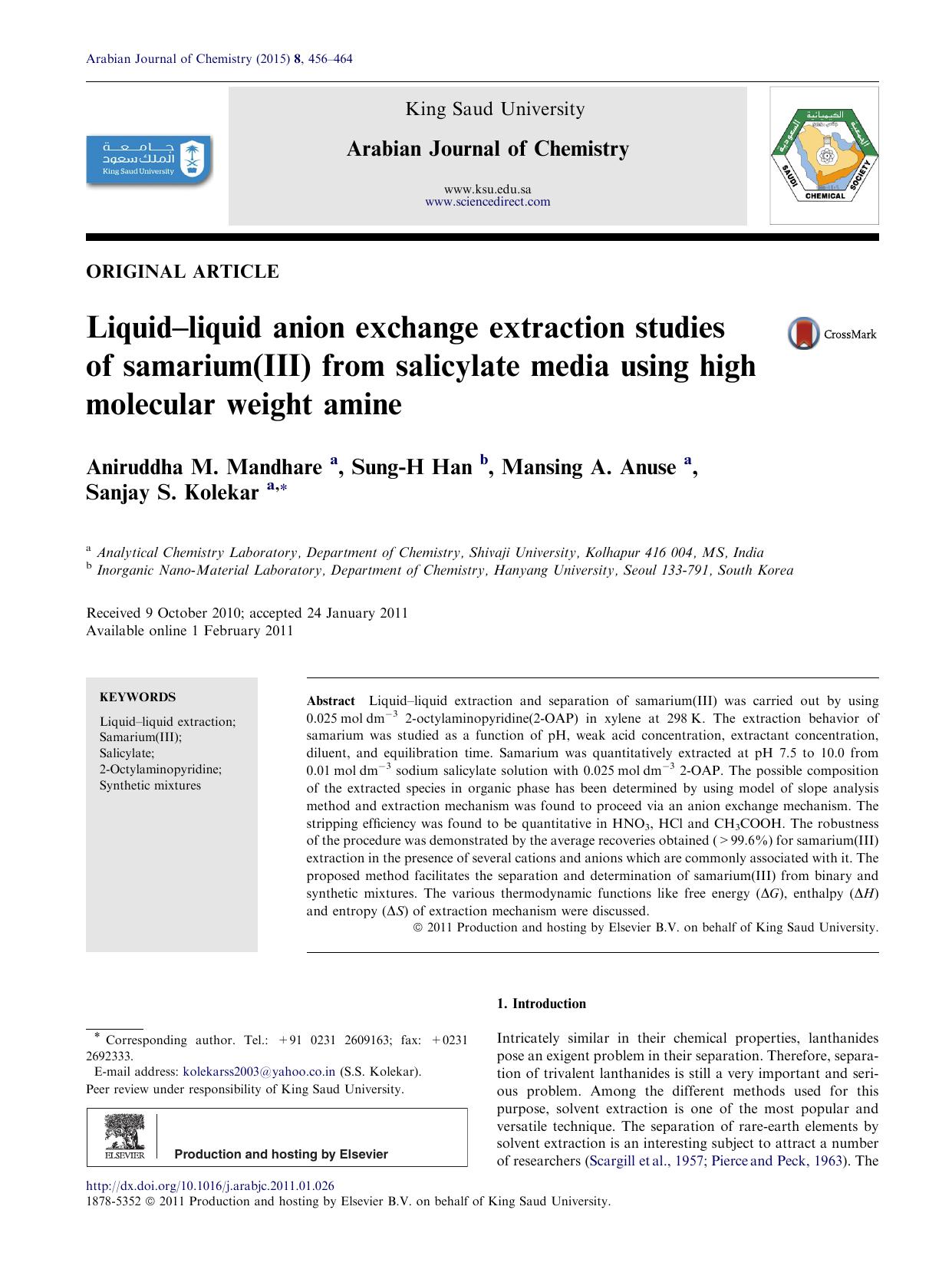 LiquidÃ¢â¬âliquid anion exchange extraction studies of samarium(III) from salicylate media using high molecular weight amine by Aniruddha M. Mandhare & Sung-H Han & Mansing A. Anuse & Sanjay S. Kolekar